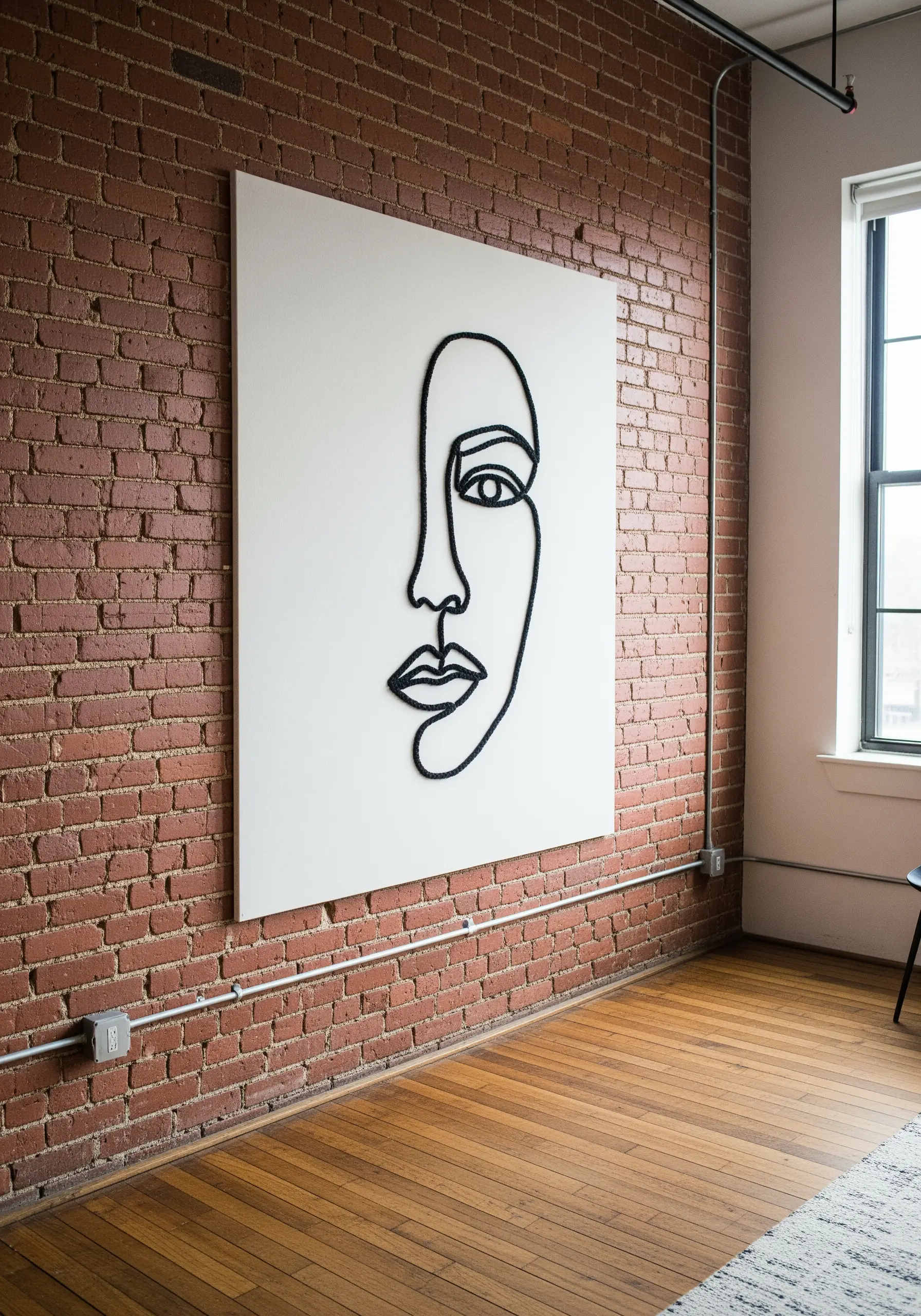 A large white canvas on a brick wall featuring a face rendered in thick black yarn.