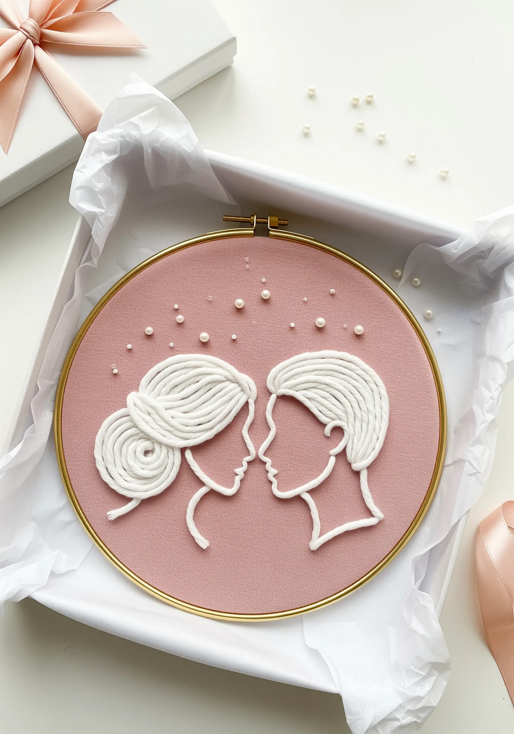A couple's profile outlined with thick white yarn couched onto a dusty pink fabric.