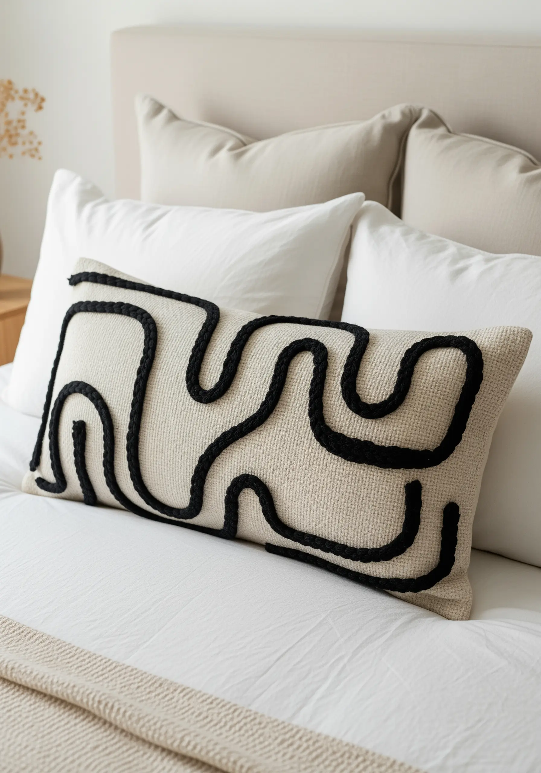 A lumbar pillow with a bold, abstract, meandering black line made from couched chunky yarn.