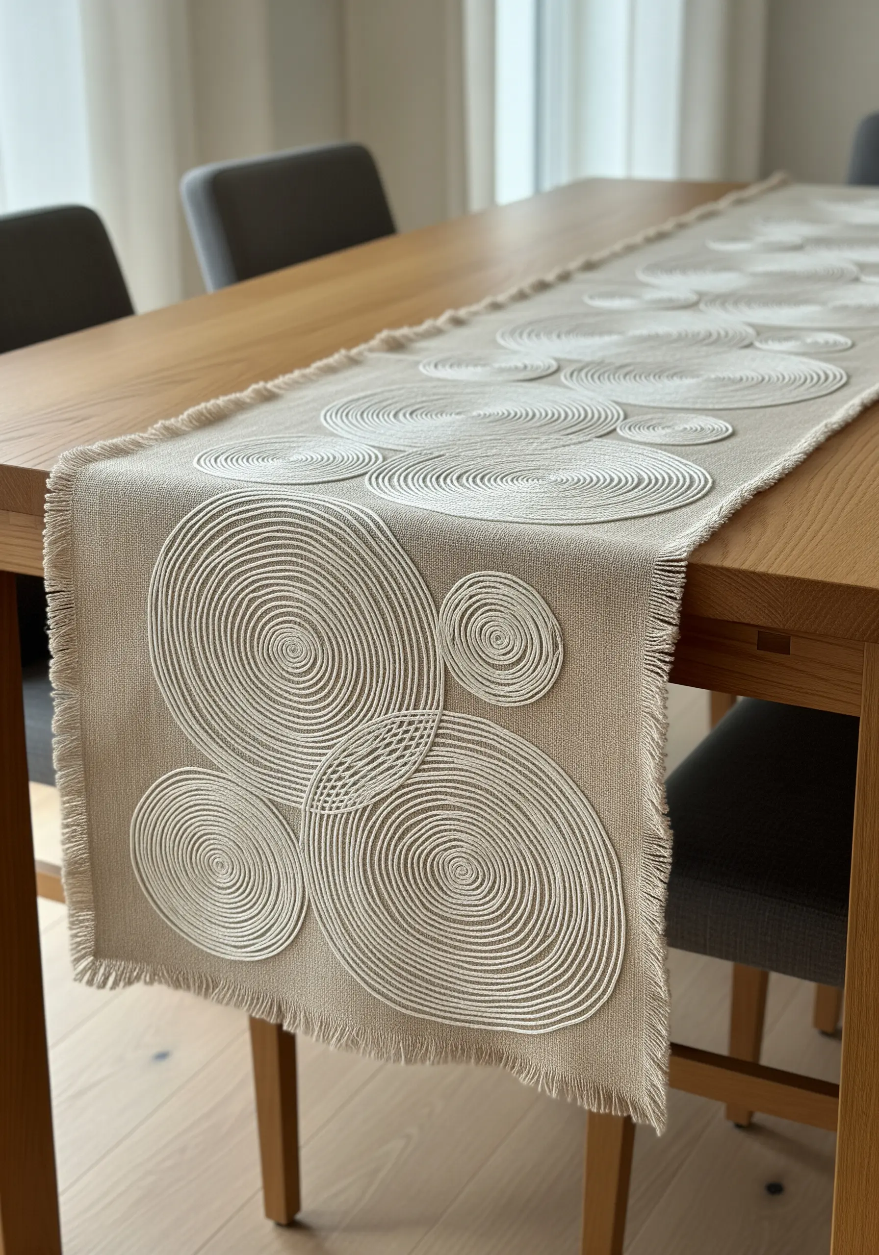 A natural linen table runner decorated with overlapping, couched spirals in a thick cream-colored cord.