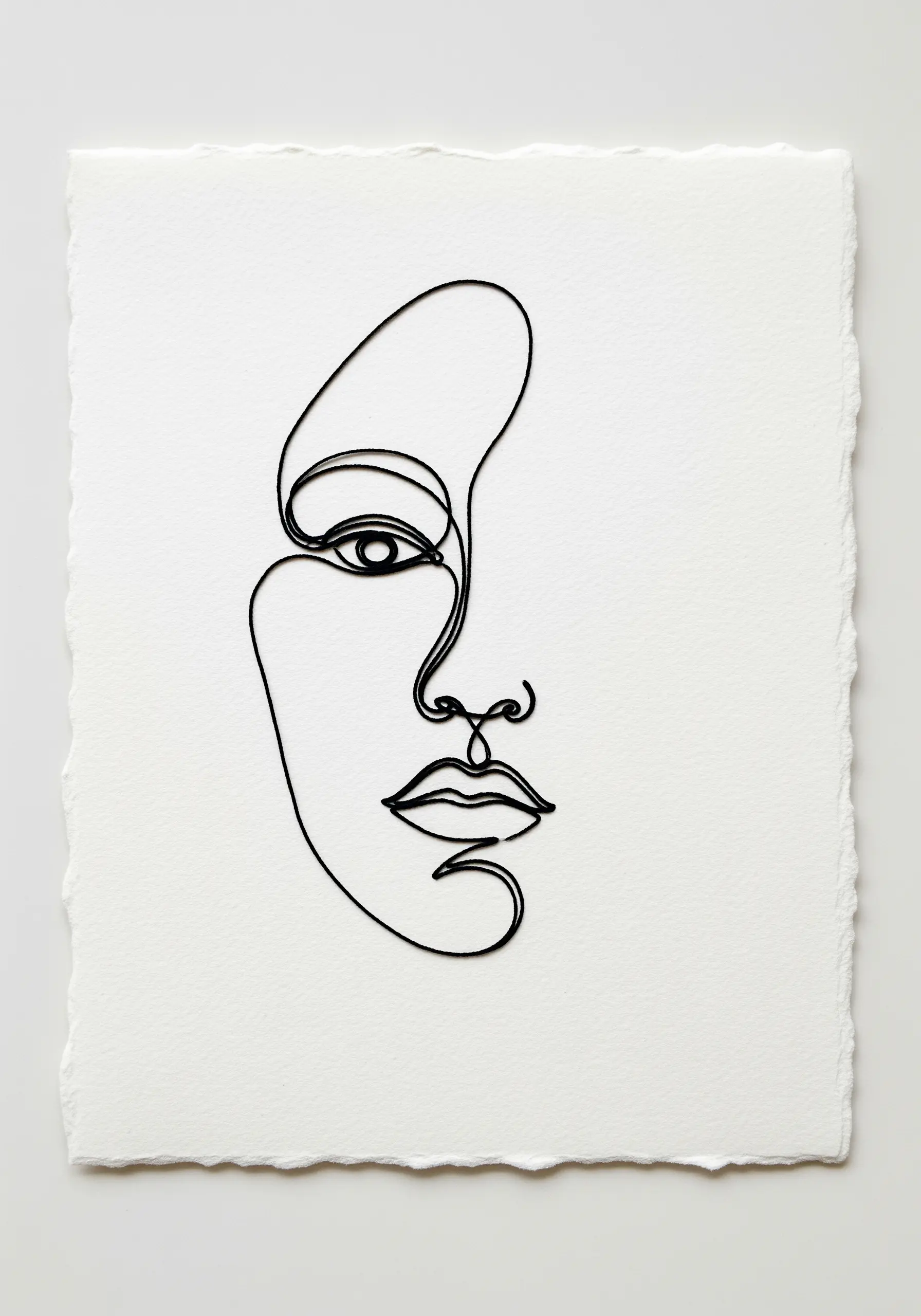 A minimalist face rendered in a single, continuous line of black thread-wrapped wire on paper.