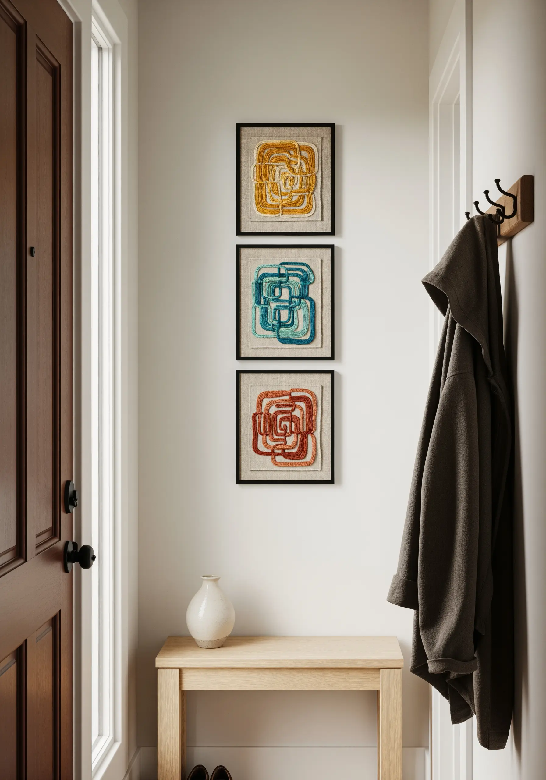 Three stacked frames with raised, abstract yarn couching in yellow, teal, and orange.