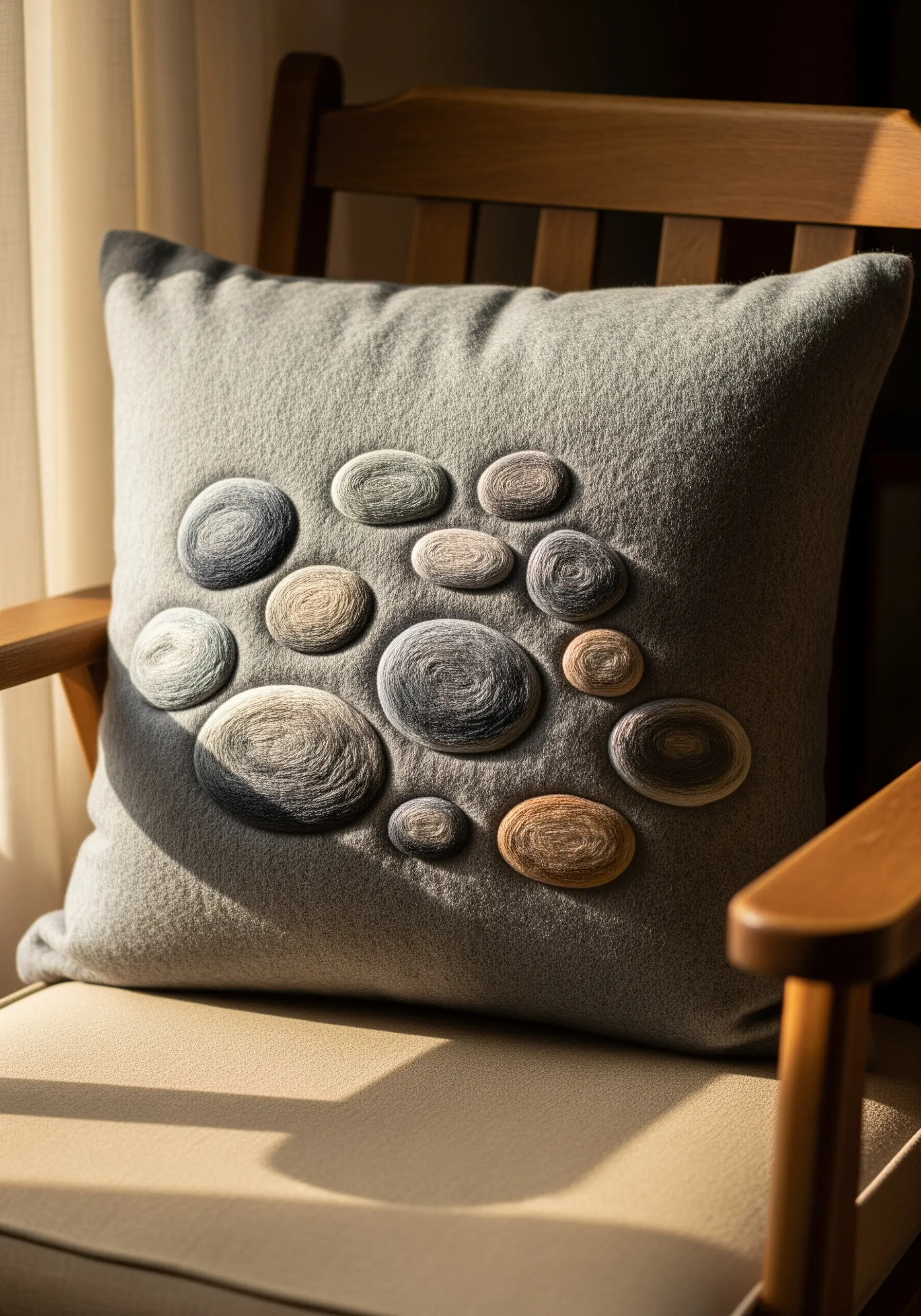 Embroidered grey cushion with smooth, thread-wrapped stone motifs in neutral tones.