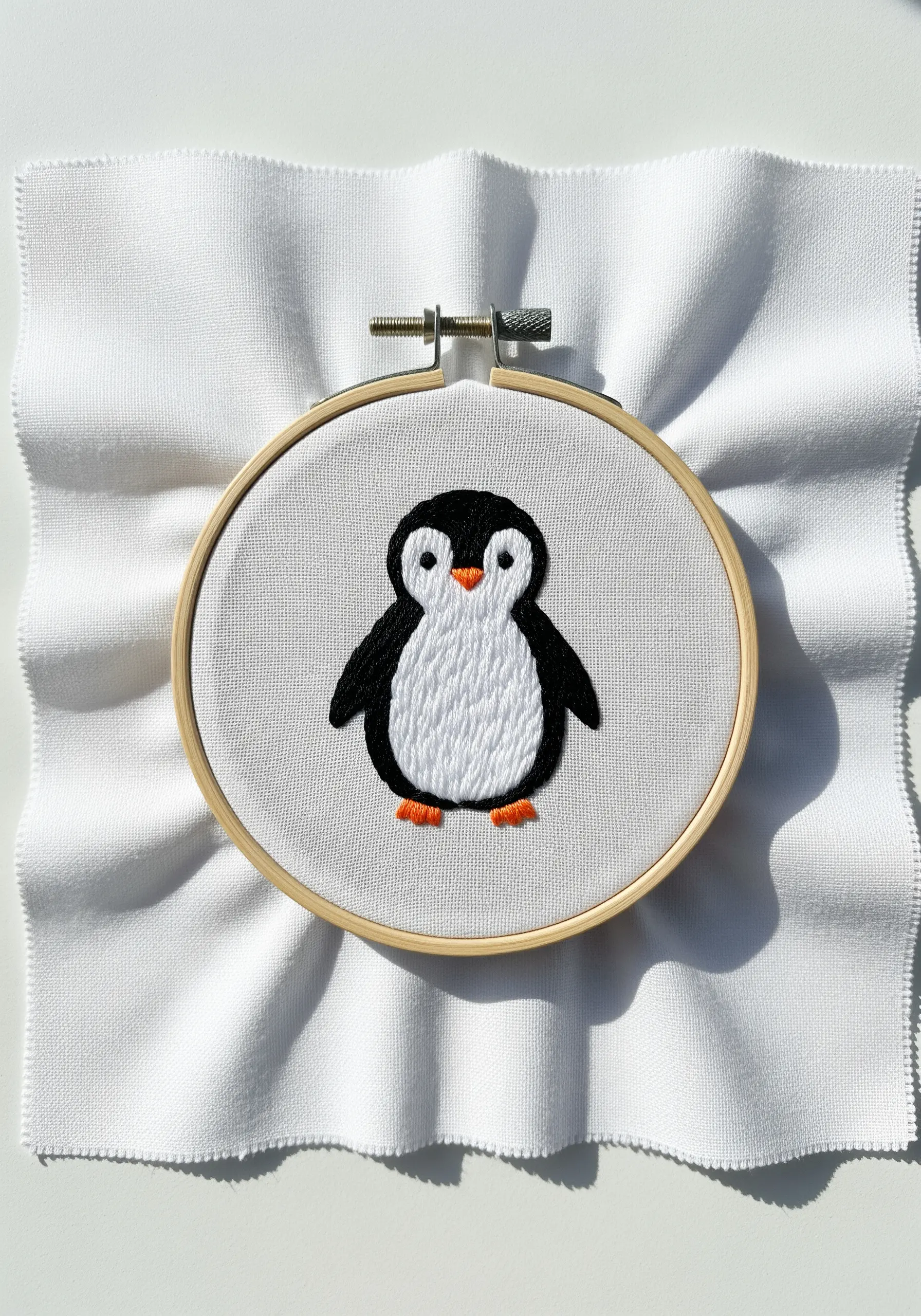 A cute embroidered penguin with a smooth white belly and bold black outlines.