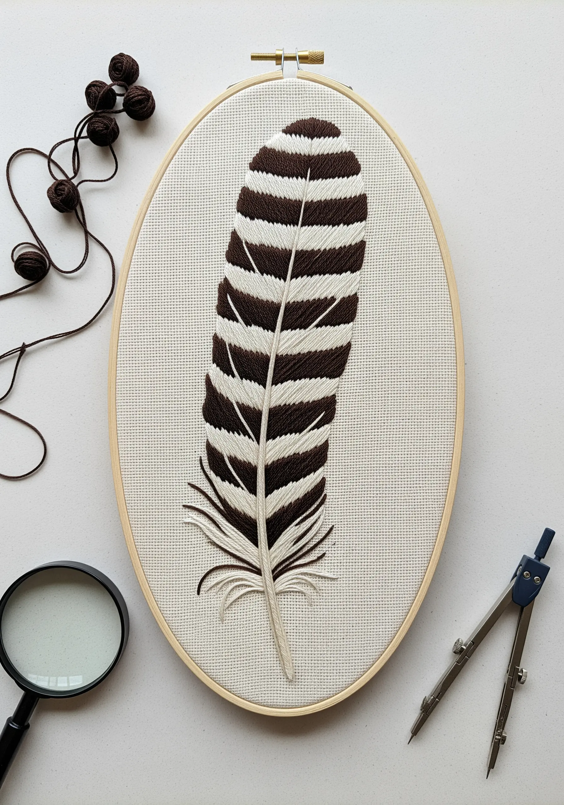 A single hawk feather with crisp brown and cream bars embroidered in satin stitch.