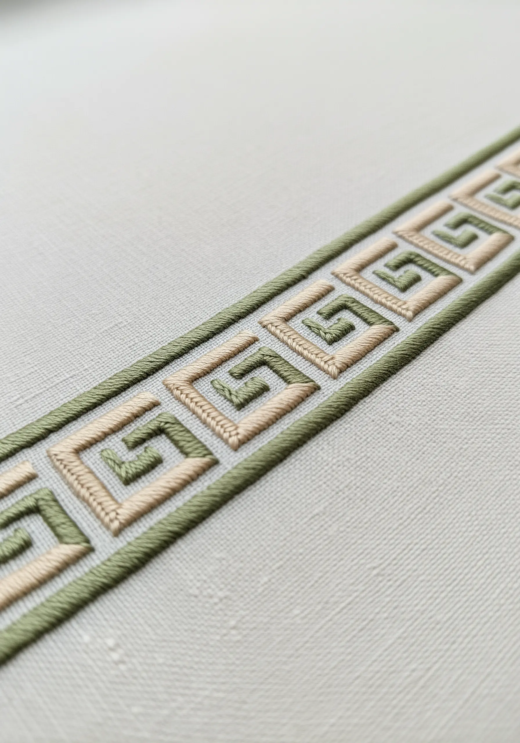 A close-up of a geometric Greek key border in green and beige satin stitch.