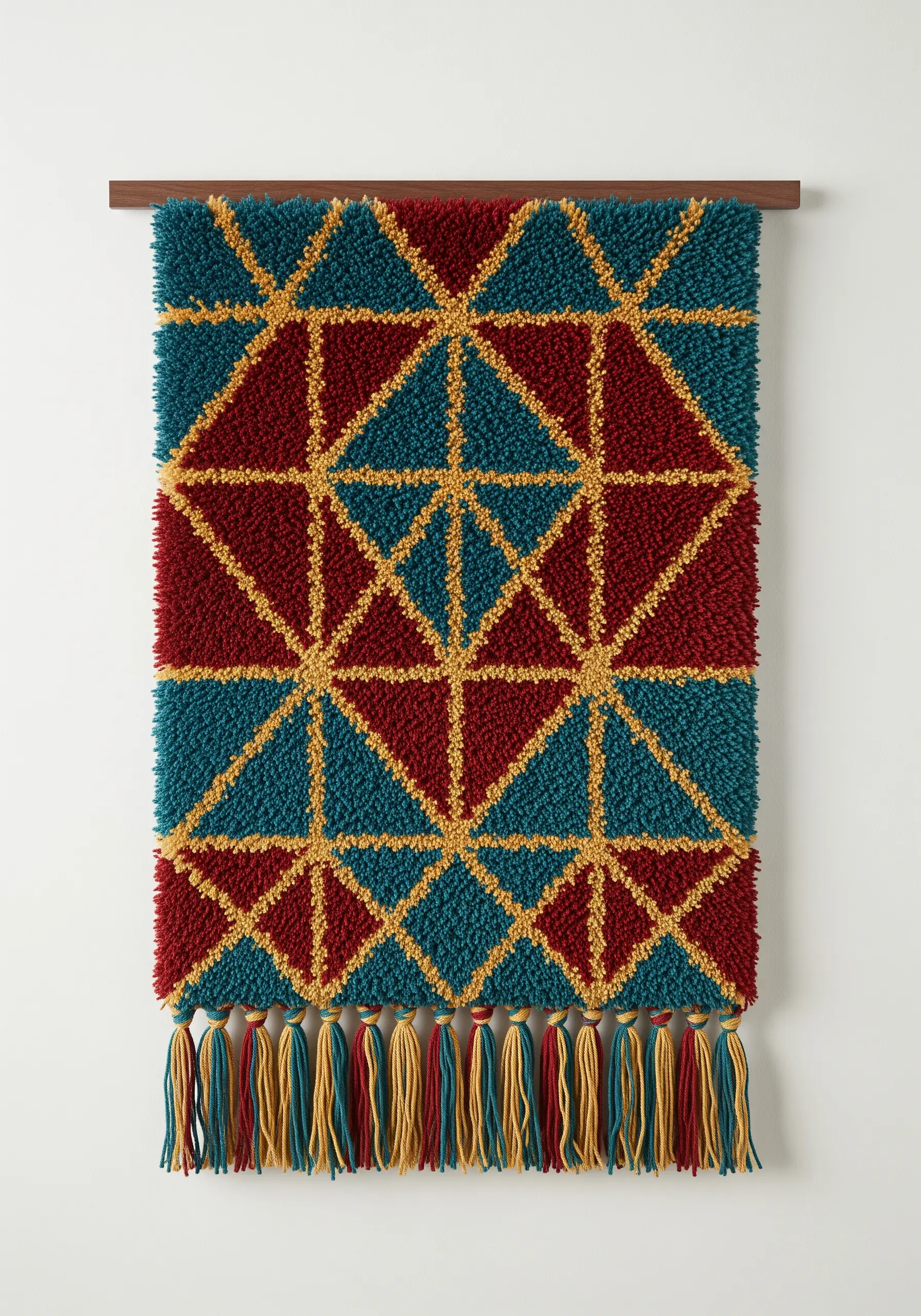 Latch hook wall hanging with a geometric pattern of teal, burgundy, and gold triangles.