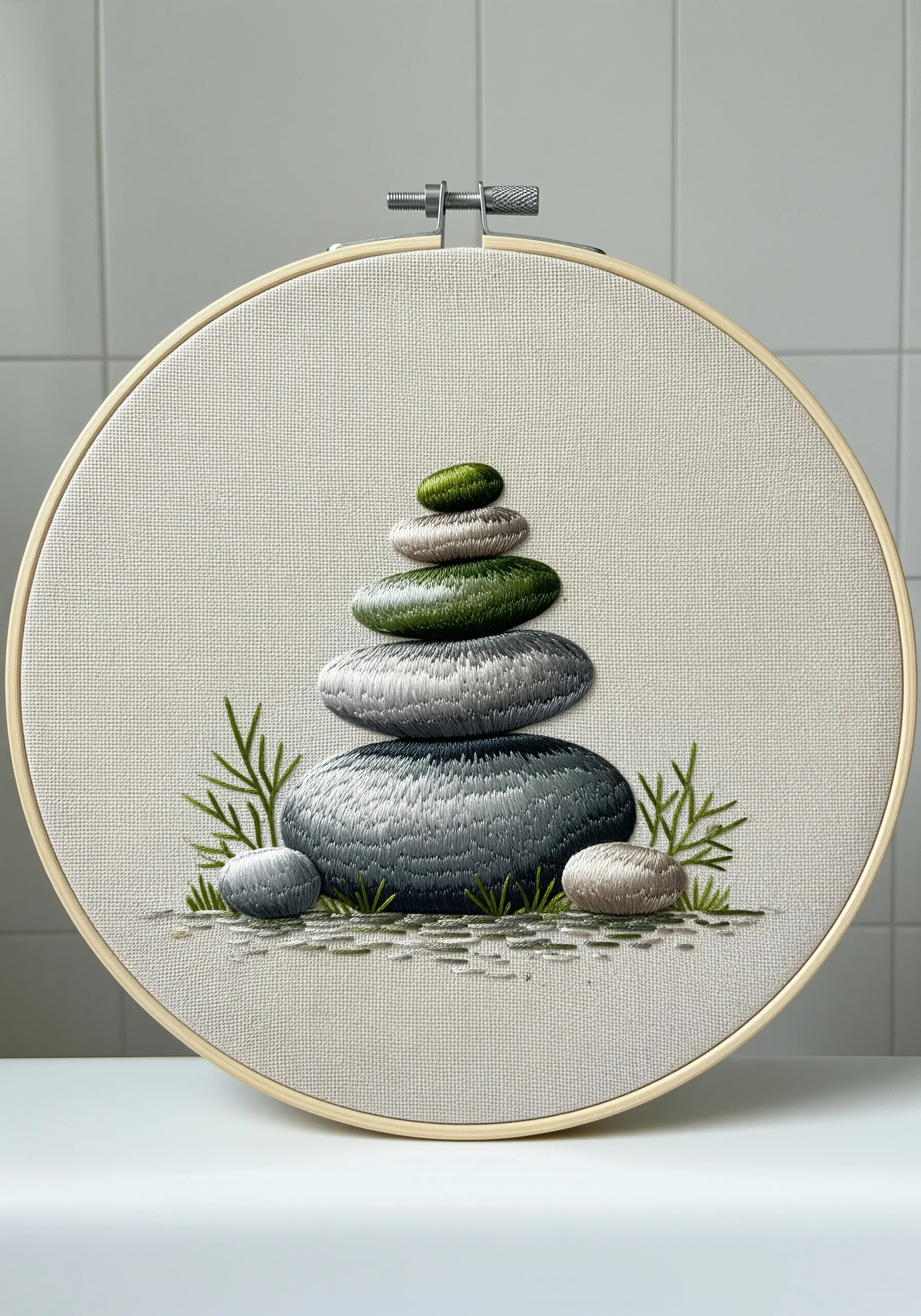 Embroidery of a cairn of stacked stones in shades of grey and green, stitched in satin stitch.