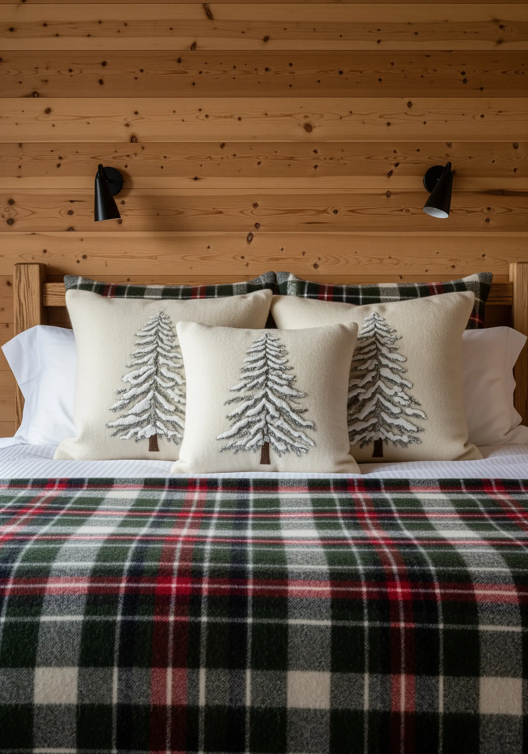 Embroidered pillows with snow-covered pine trees on a bed with a plaid blanket.