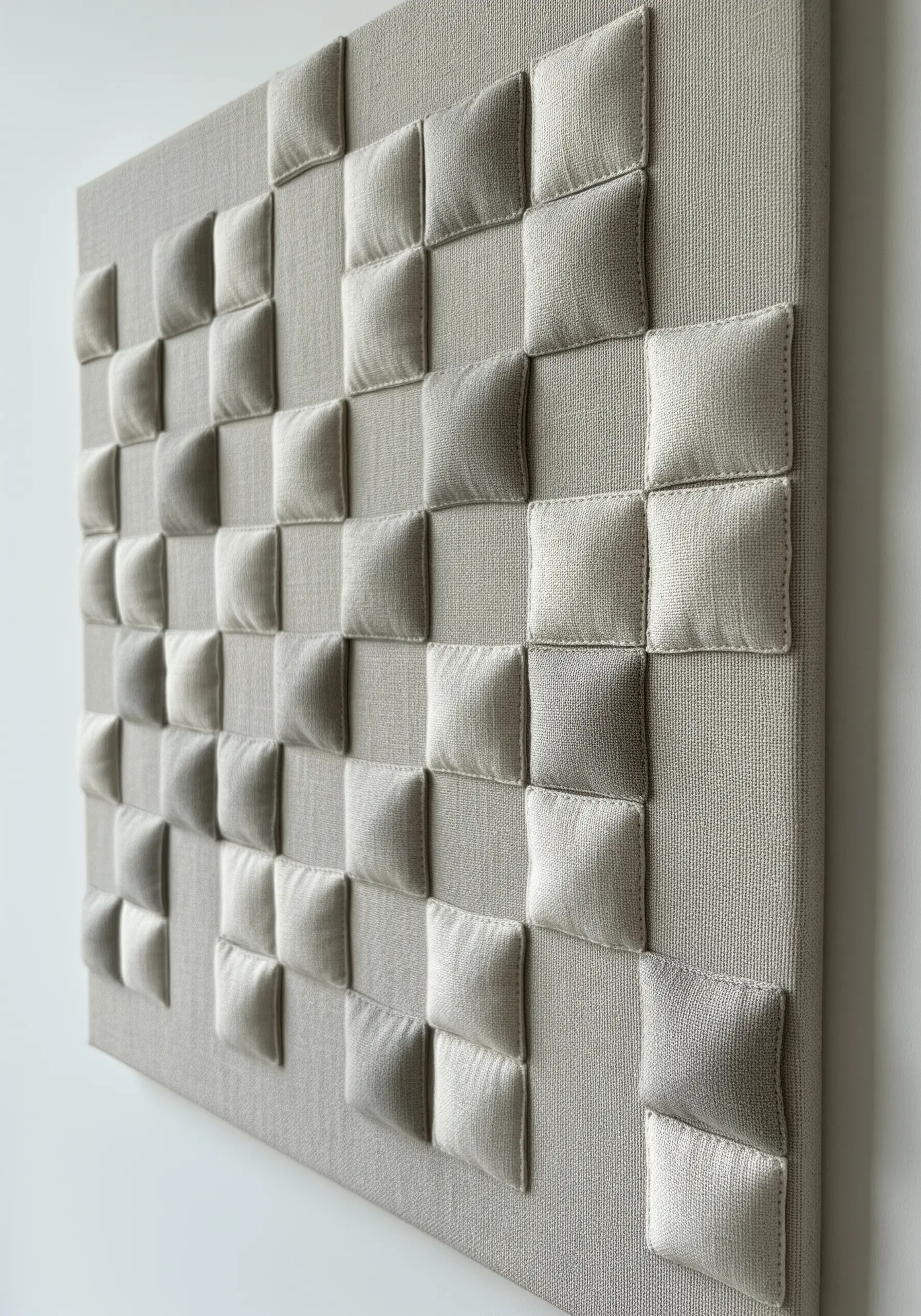 A grid of raised, padded fabric squares stitched onto a neutral canvas.