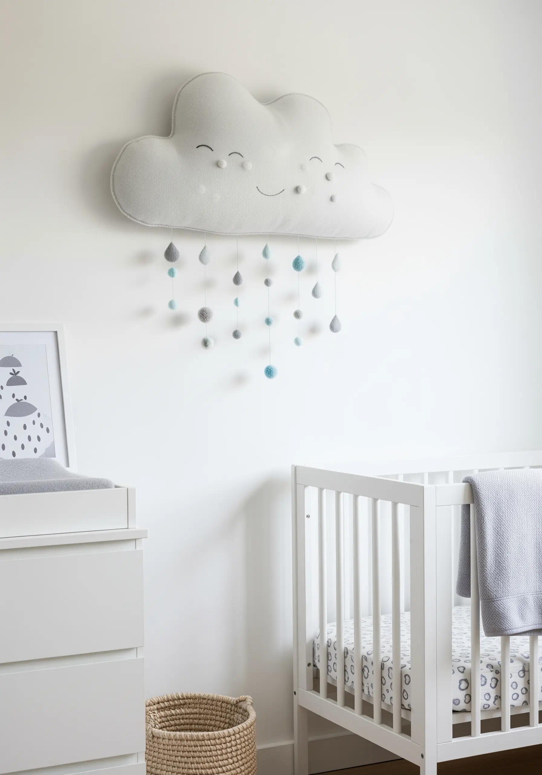 A plush, 3D felt cloud with an embroidered face and hanging felt raindrops in a nursery.