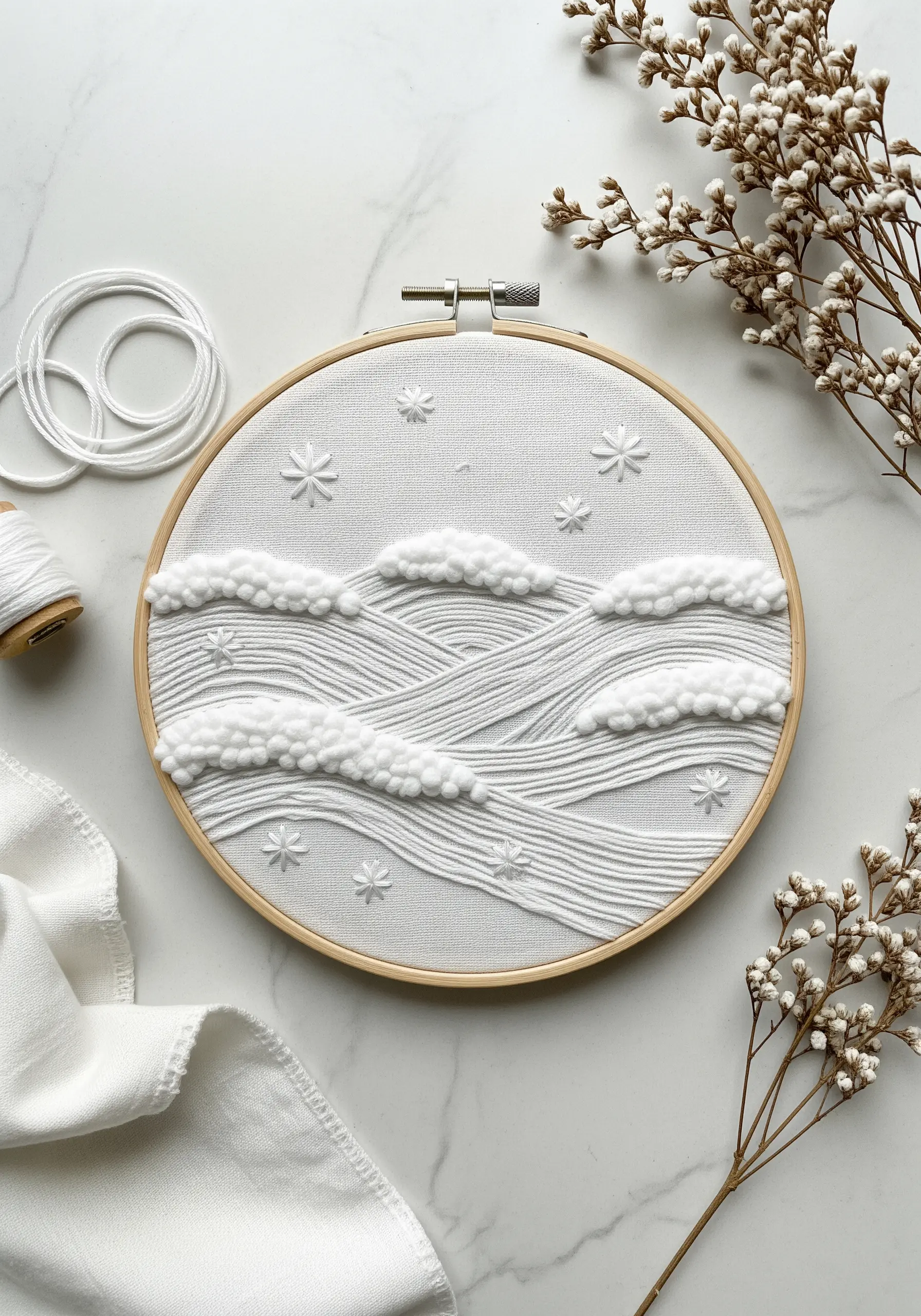 White-on-white embroidery of soft, puffy clouds over linear wave stitches in a wooden hoop.