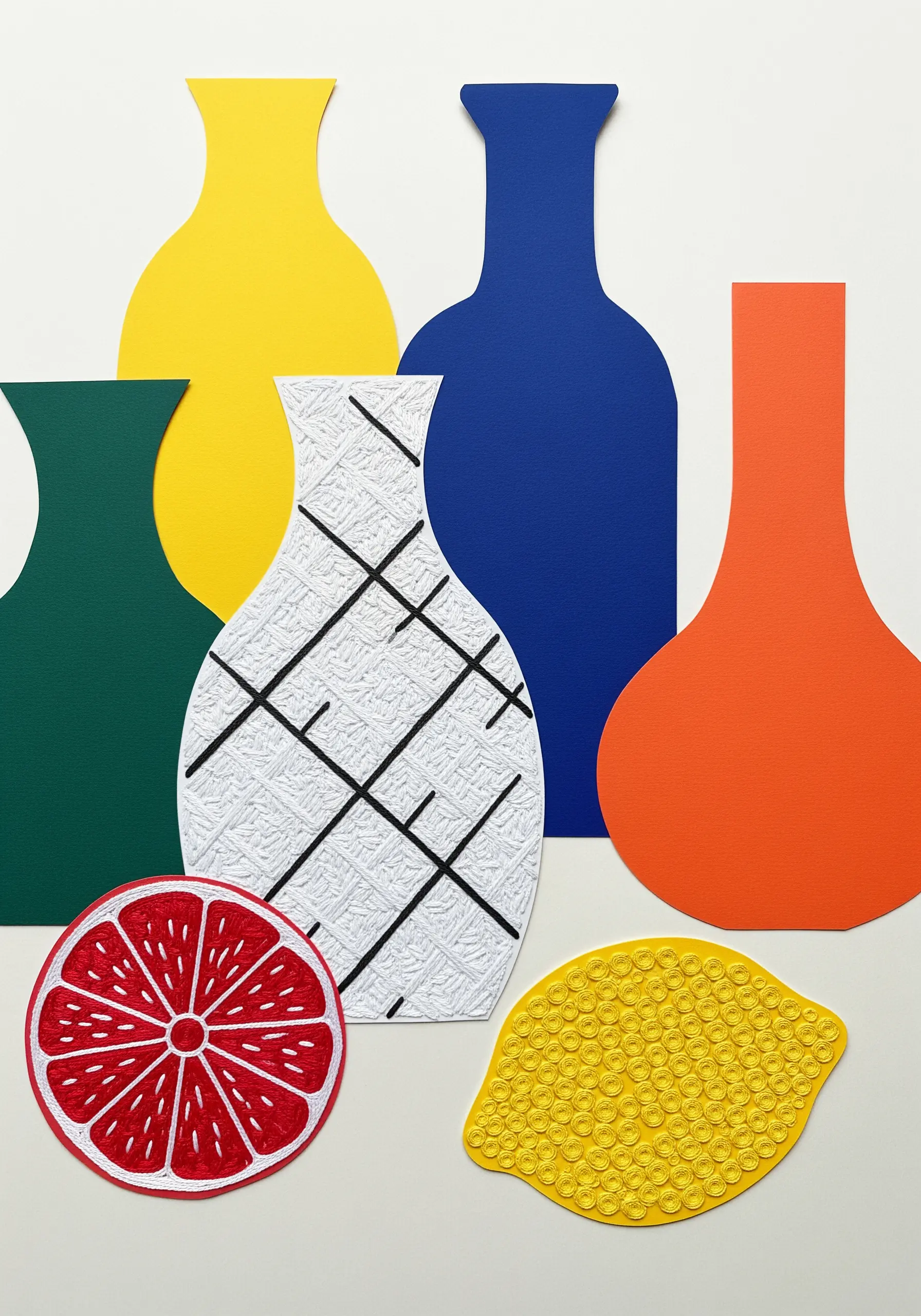 A collage of paper vases and fruit, with a lemon and grapefruit slice filled with dense embroidery.