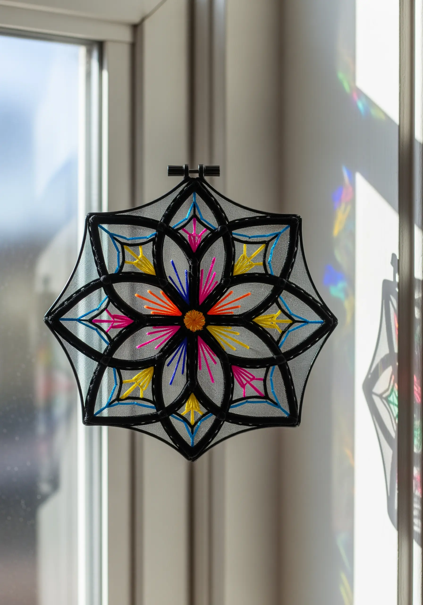 An embroidered mandala on sheer fabric in a black octagonal hoop, creating a stained-glass effect.