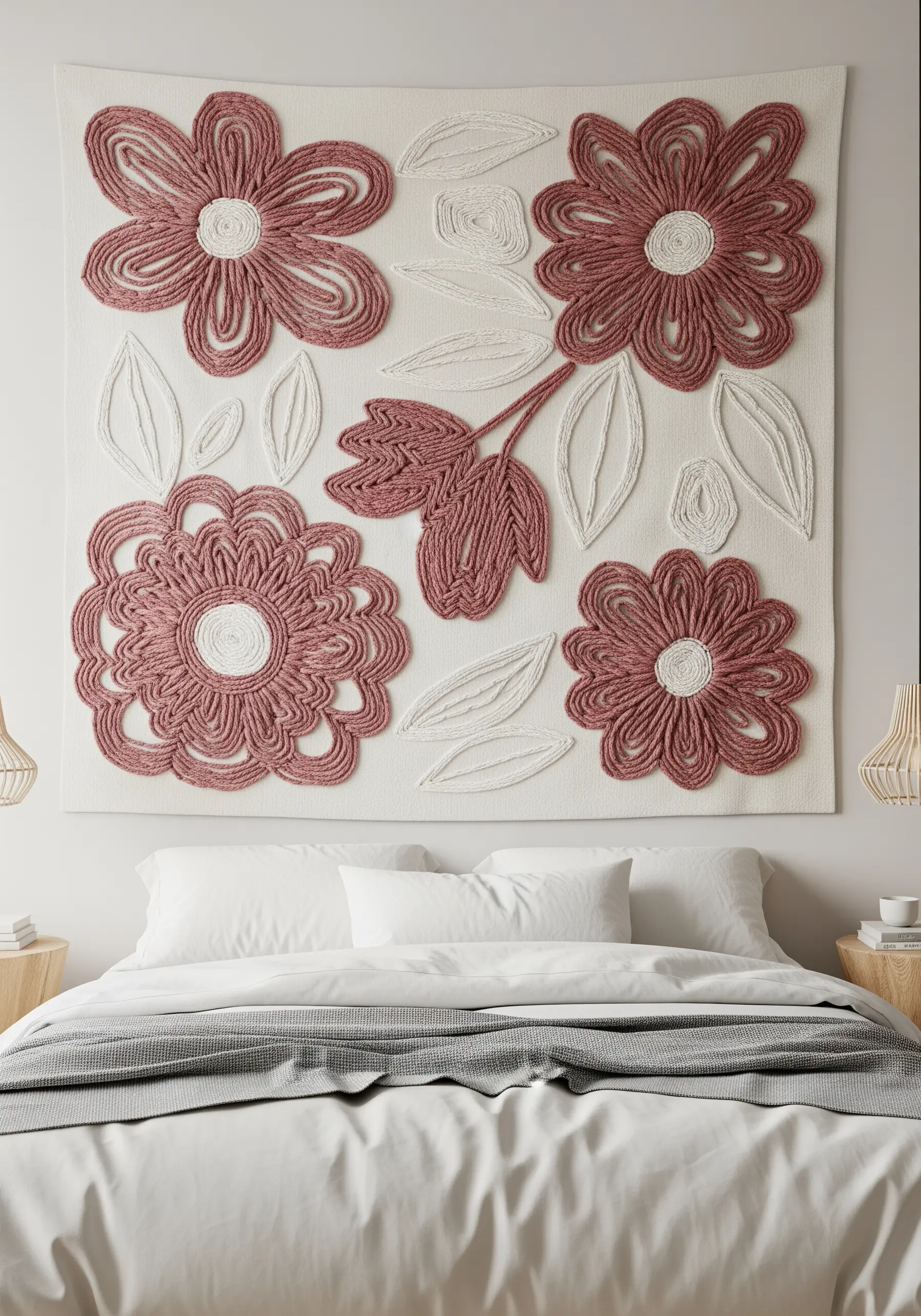 Large-scale wall art using couched dusty rose and ivory yarn to form bold flowers.