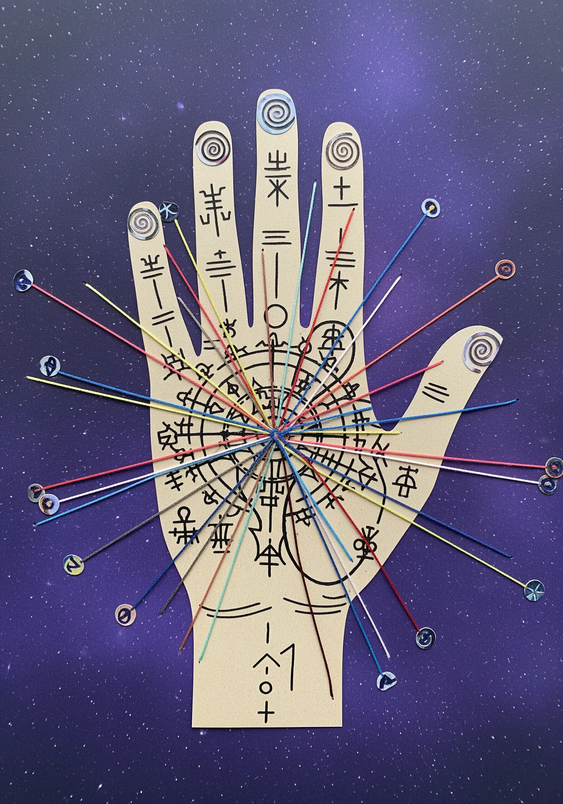 A paper cutout of a hand decorated with symbols and used as a base for radiating lines of string art.