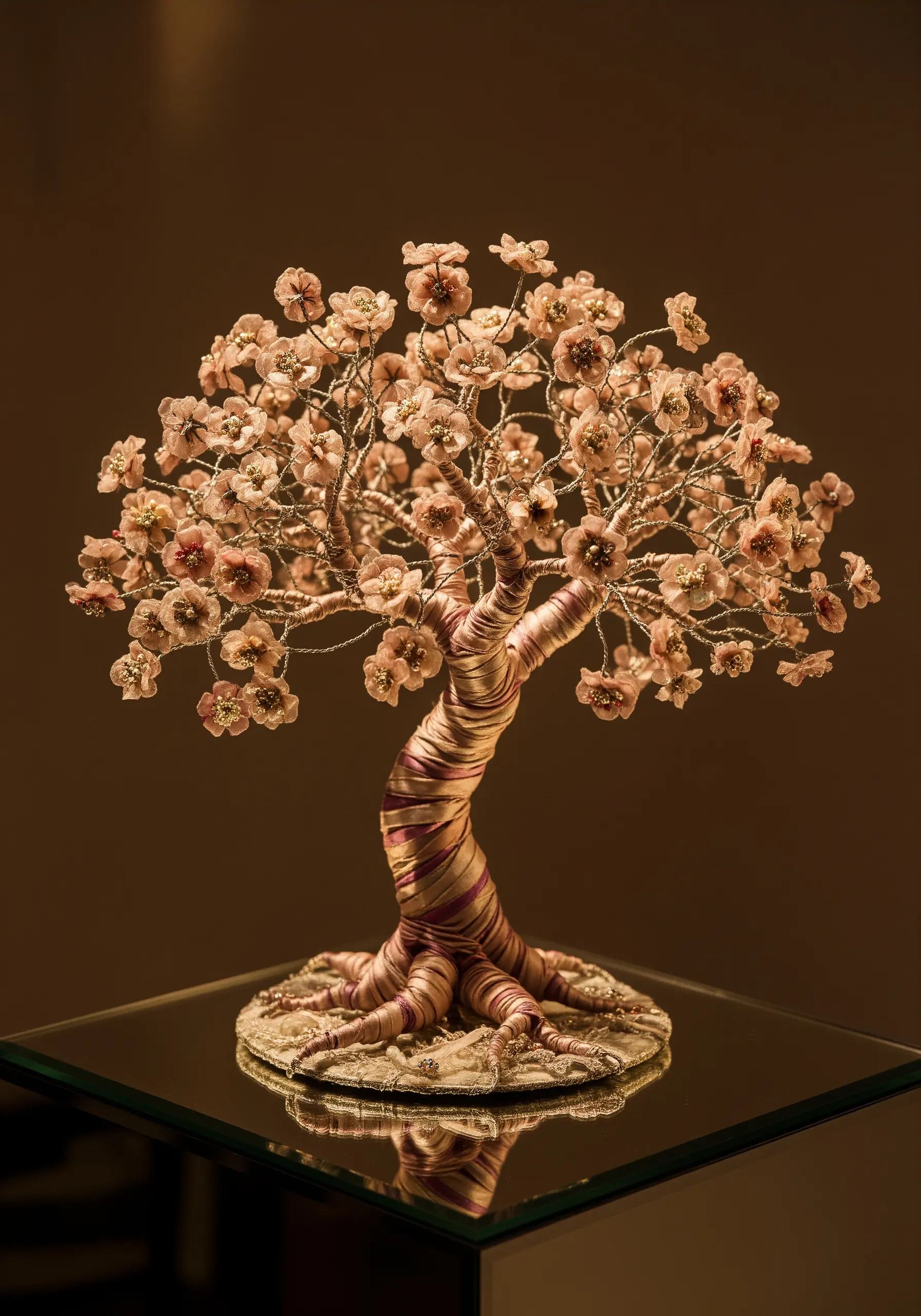 A delicate bonsai tree sculpture made from thread-wrapped wire, with tiny beaded flowers.