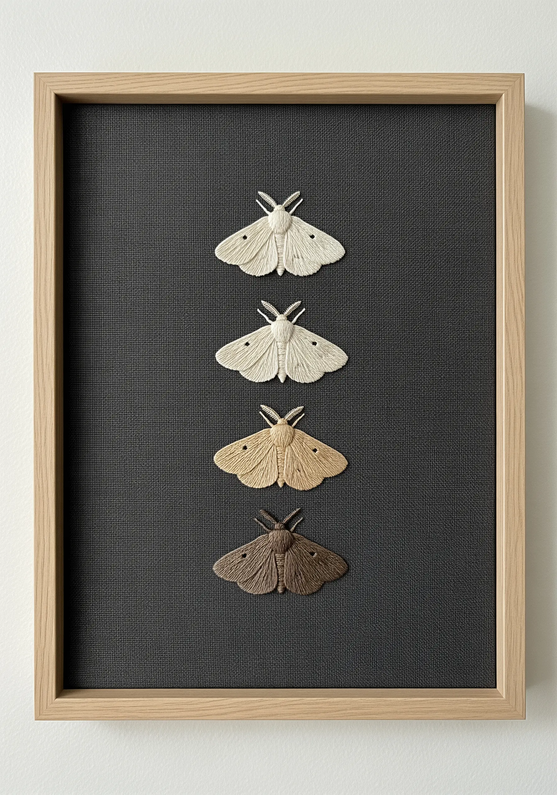 Four embroidered moths arranged vertically, each in a different shade of a neutral brown gradient.