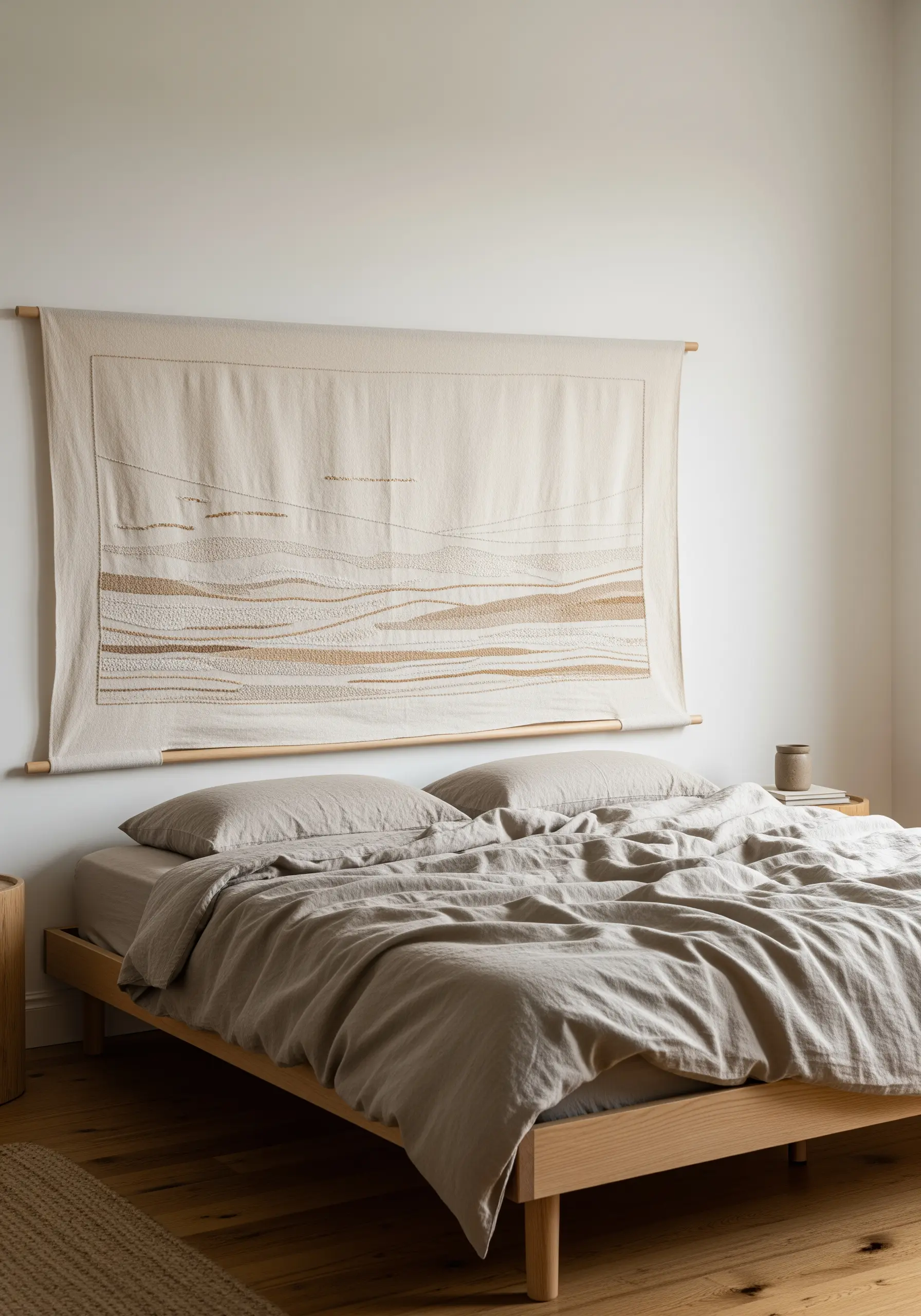 Large-scale textile wall hanging with embroidered wavy lines suggesting a sand dune landscape.