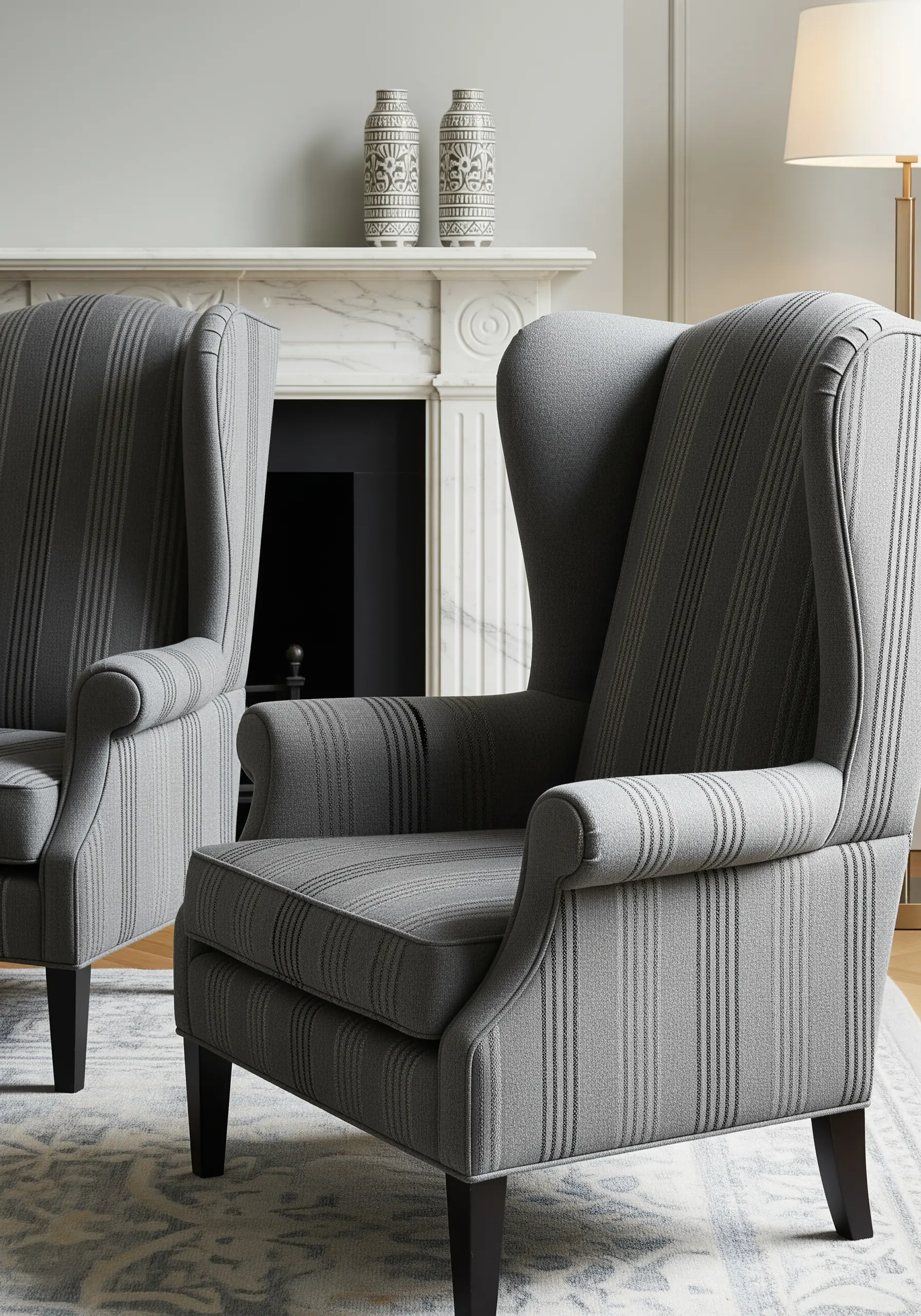 A gray wingback armchair with subtle, tone-on-tone vertical embroidered stripes.