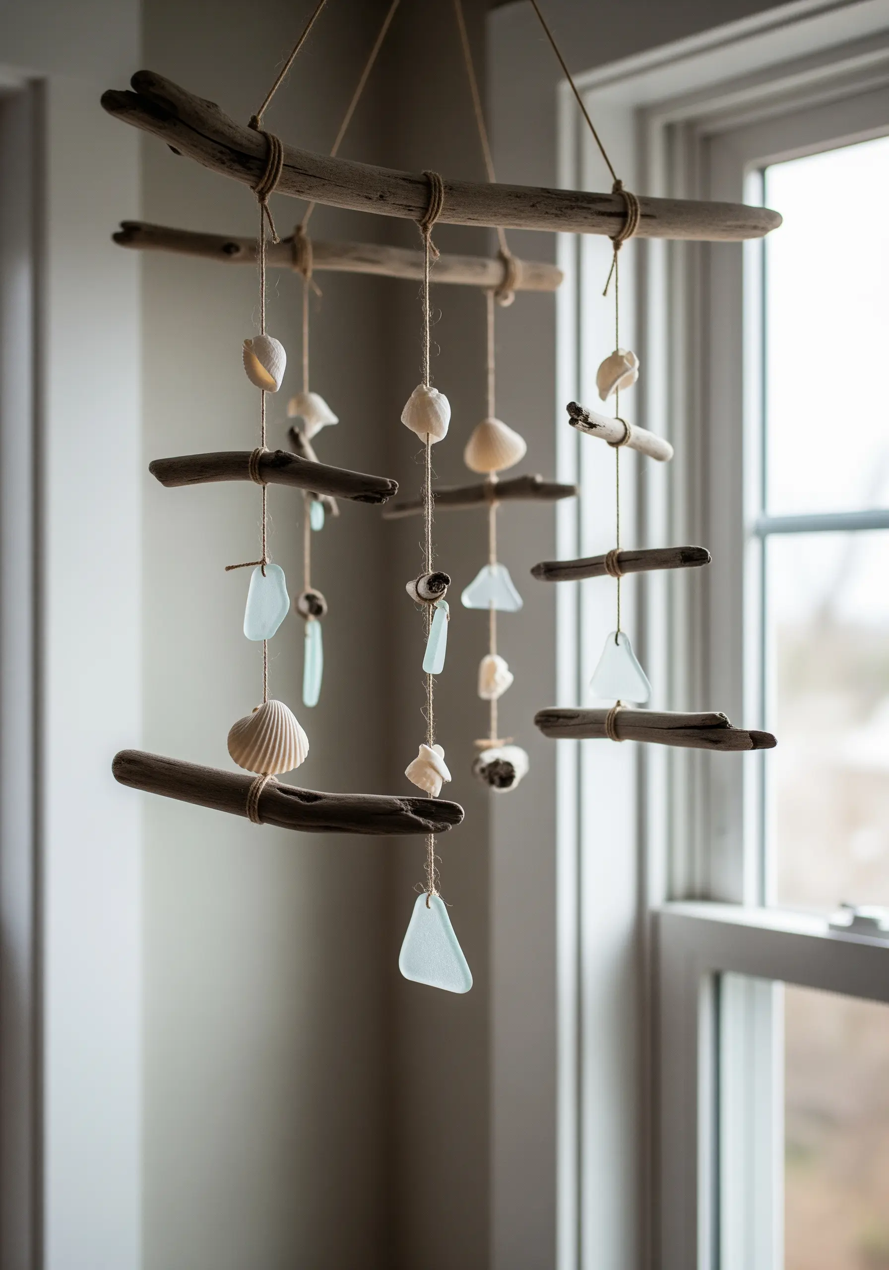 A delicate mobile made of driftwood, sea glass, and shells hanging in a window.