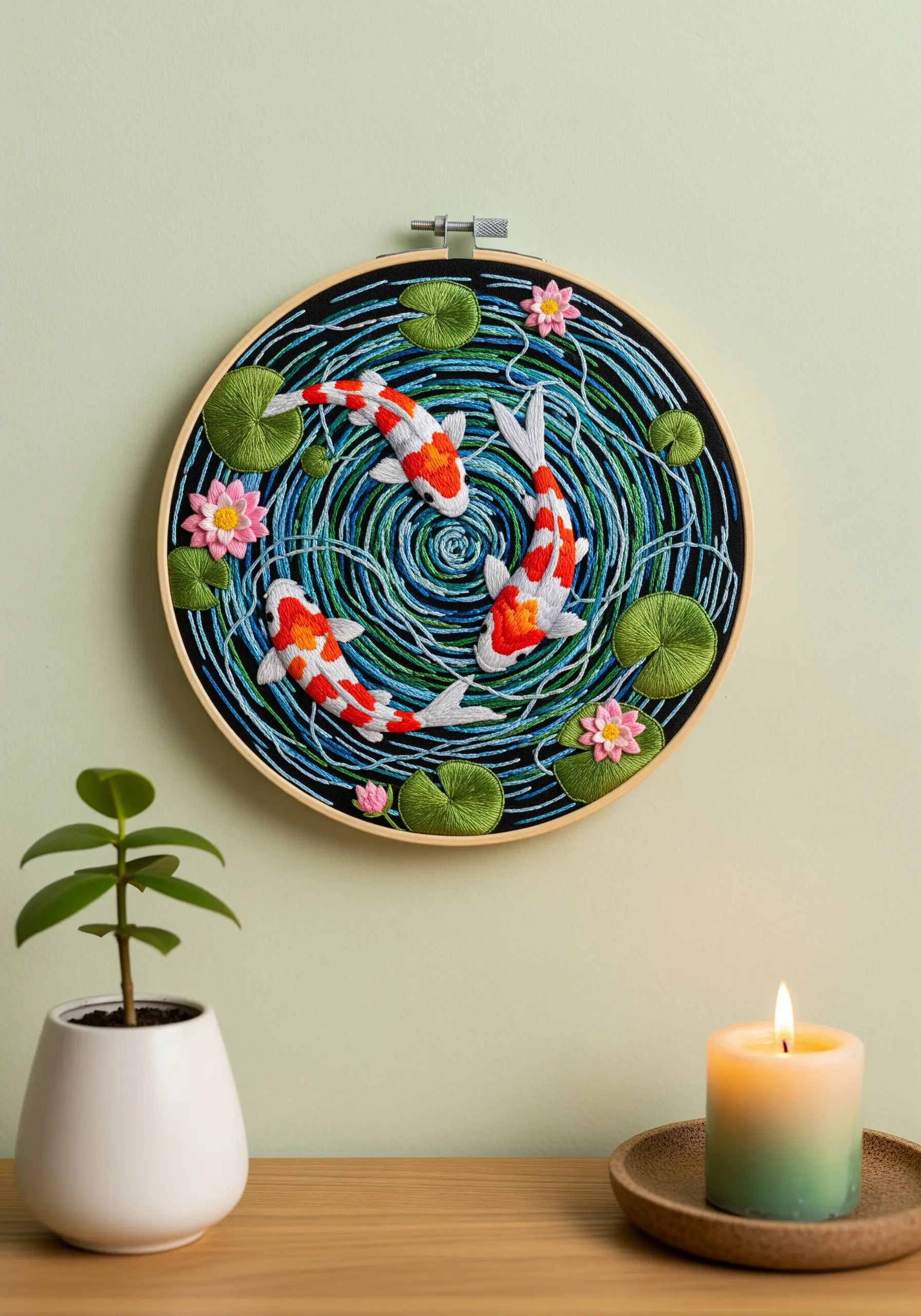 Embroidery of three koi fish in a pond with water stitched in swirling concentric circles.