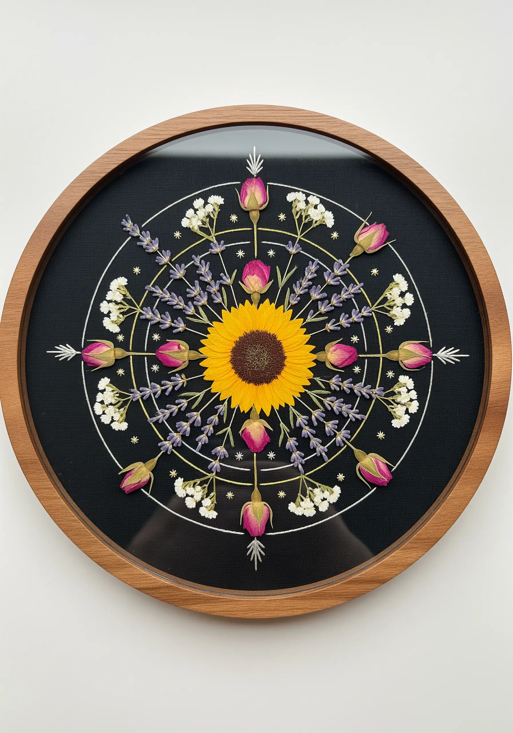 A floral mandala with a real sunflower center, surrounded by dried rosebuds and lavender.