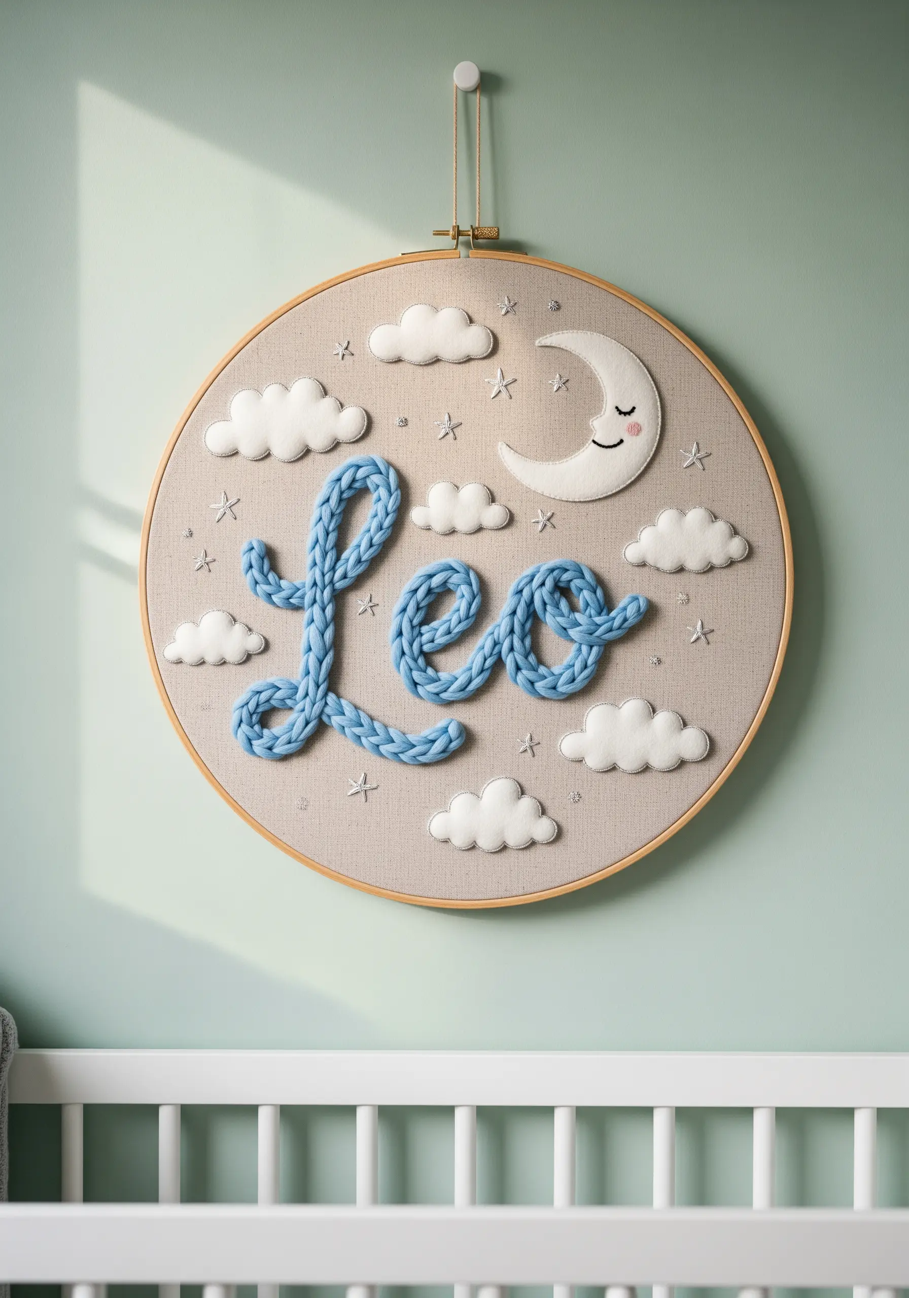 3D chunky yarn lettering for a nursery name hoop with clouds and a moon.