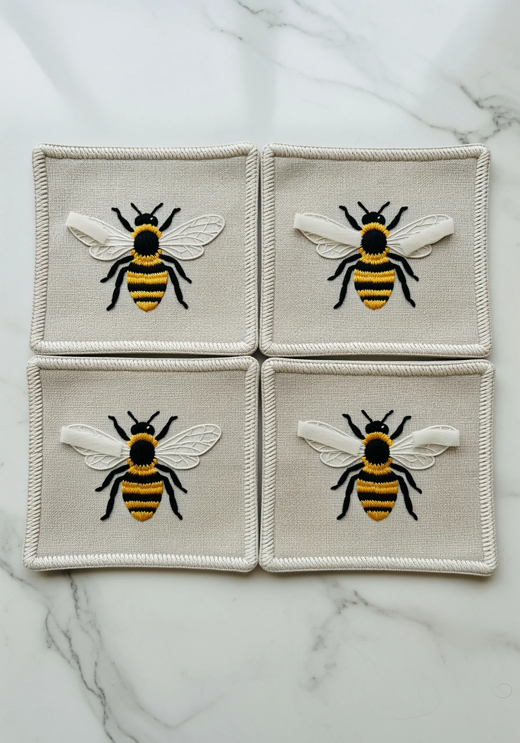 Four embroidered bee coasters with 3D stumpwork wings on a marble surface.