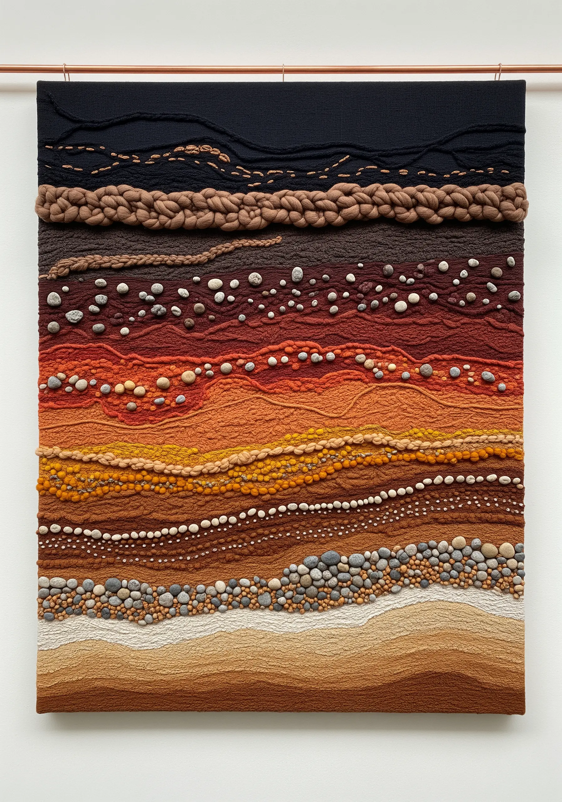 Textural wall art depicting earth strata with weaving, knots, and embedded stones.