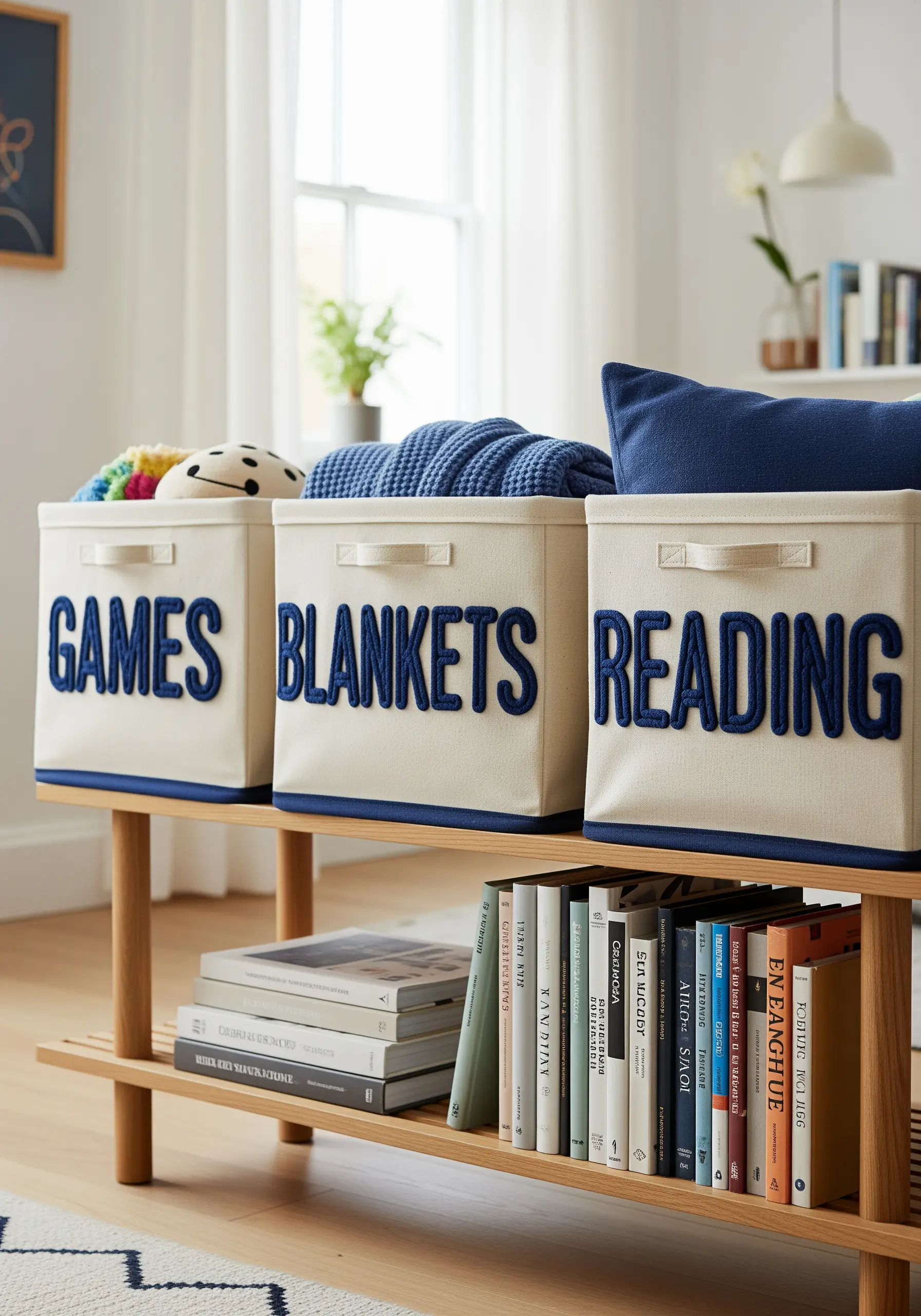 Canvas storage bins labeled with thick, dimensional blue yarn embroidery for 'GAMES' and 'BLANKETS'.