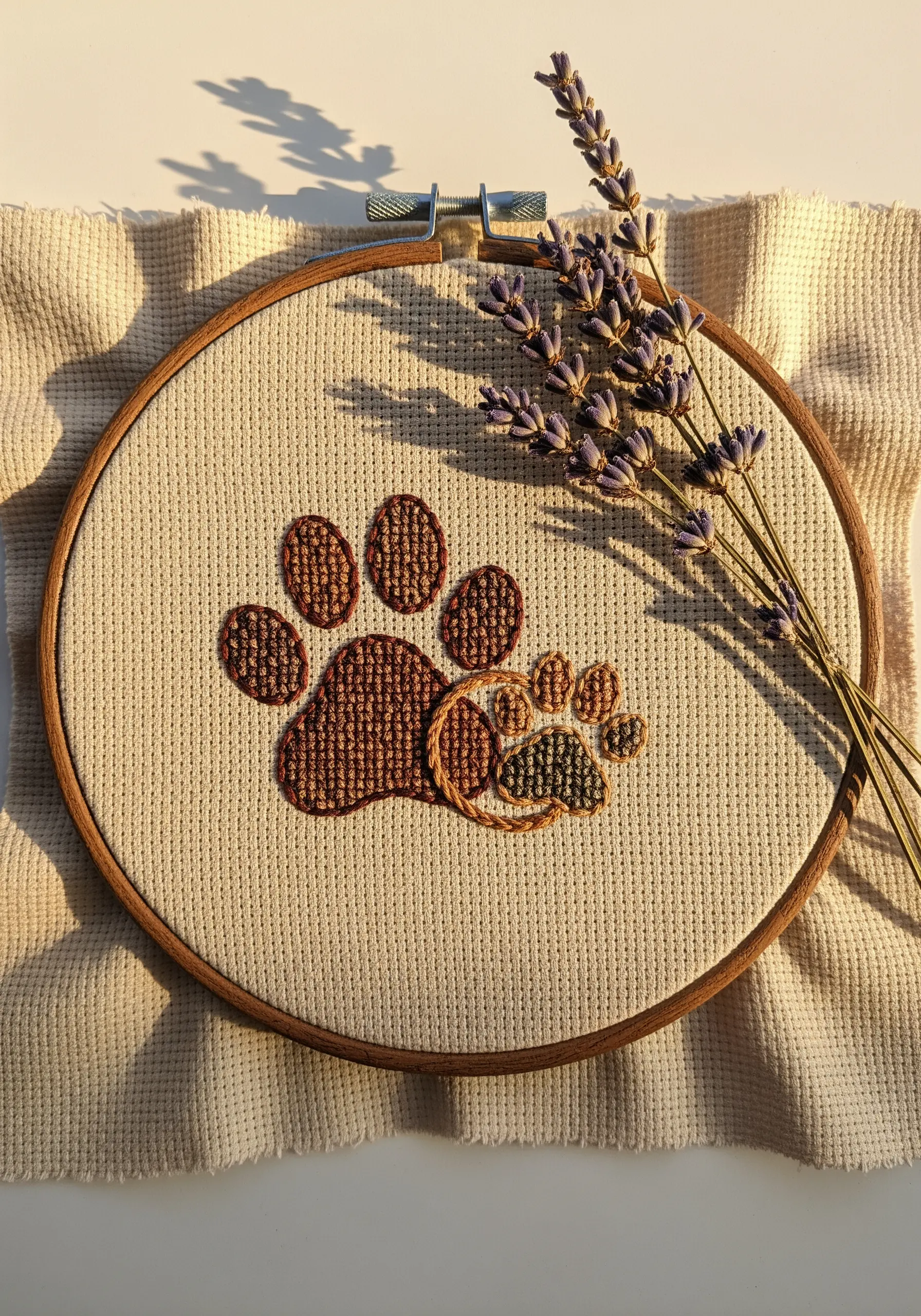 Textured fill stitches used to create brown paw prints on woven fabric.