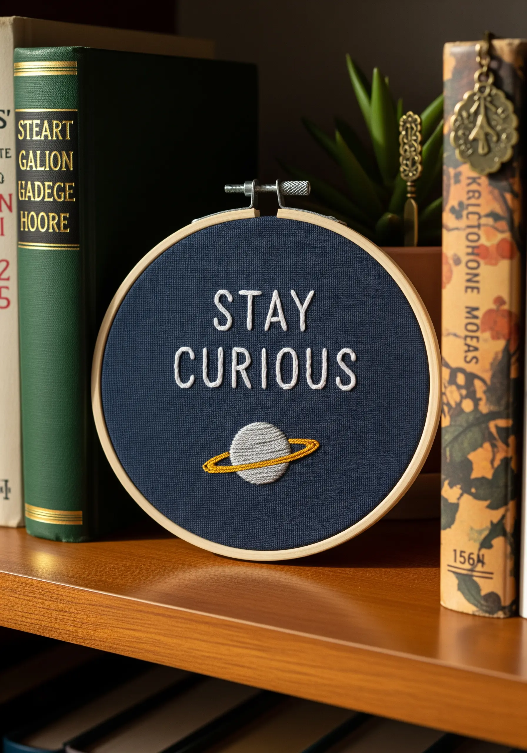 'STAY CURIOUS' embroidered on dark blue fabric with a satin-stitched planet.