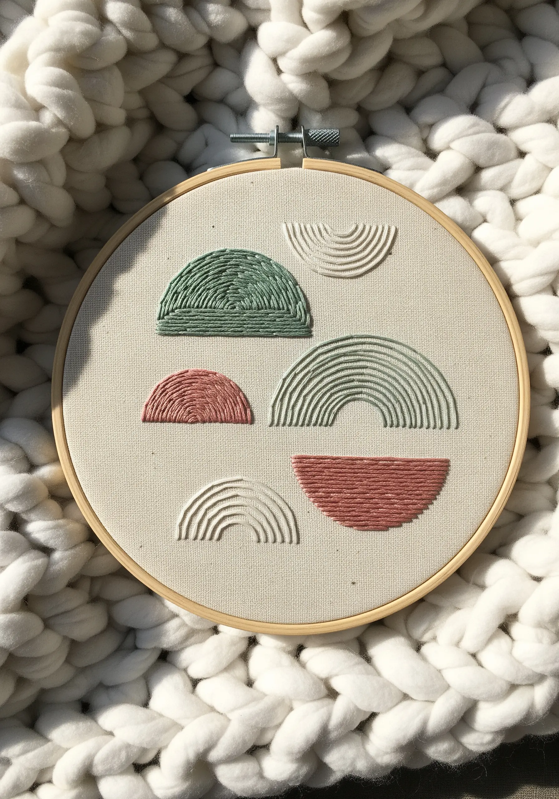 Abstract rainbow shapes filled with textured chain stitches in muted colors.