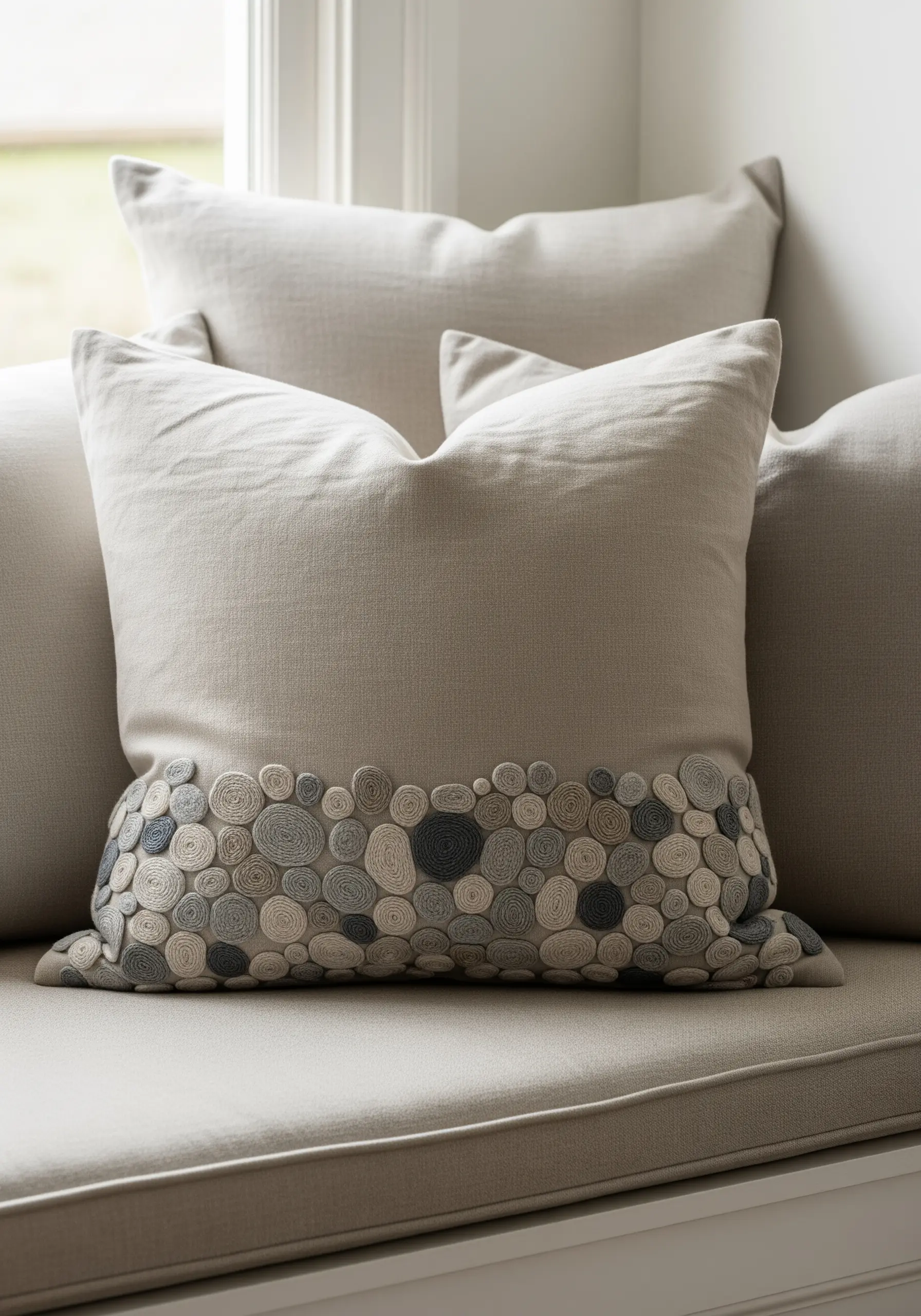 A neutral linen pillow with a dense band of 3D coiled fabric 'pebbles' in shades of gray and blue.