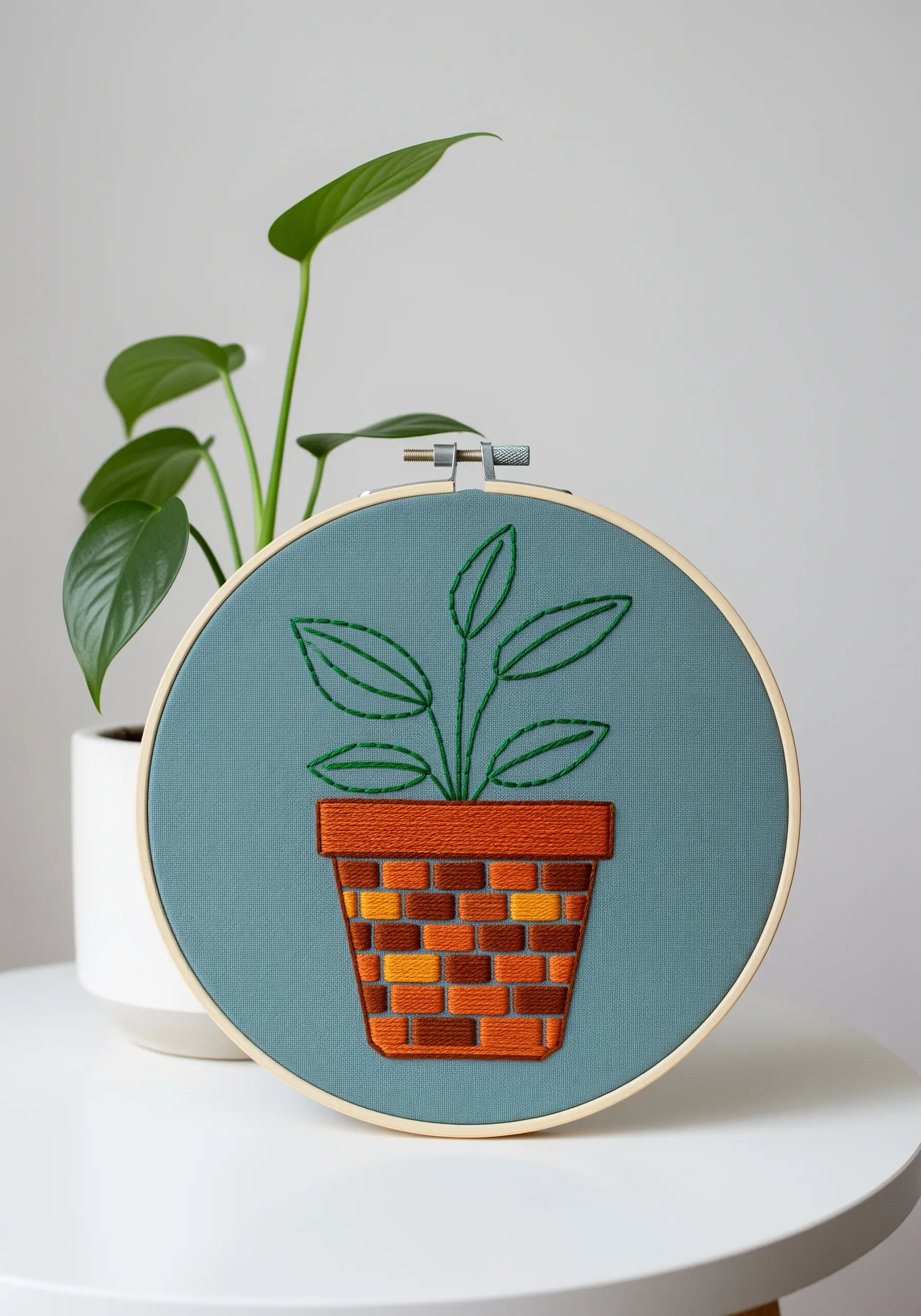 Minimalist embroidered plant with a pot filled in a geometric brick stitch pattern.