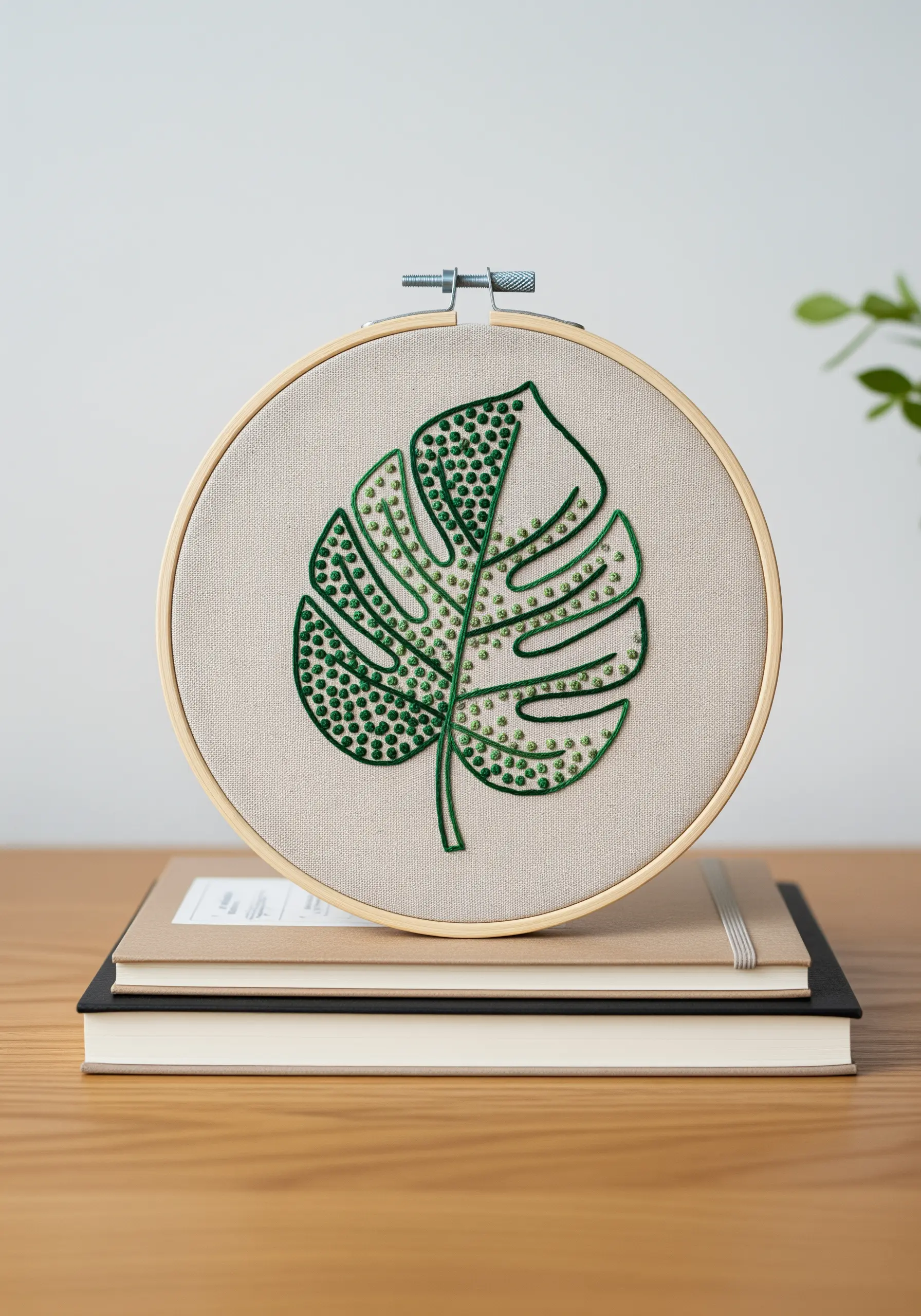 Monstera leaf embroidery with a split design of outline and French knot fill.