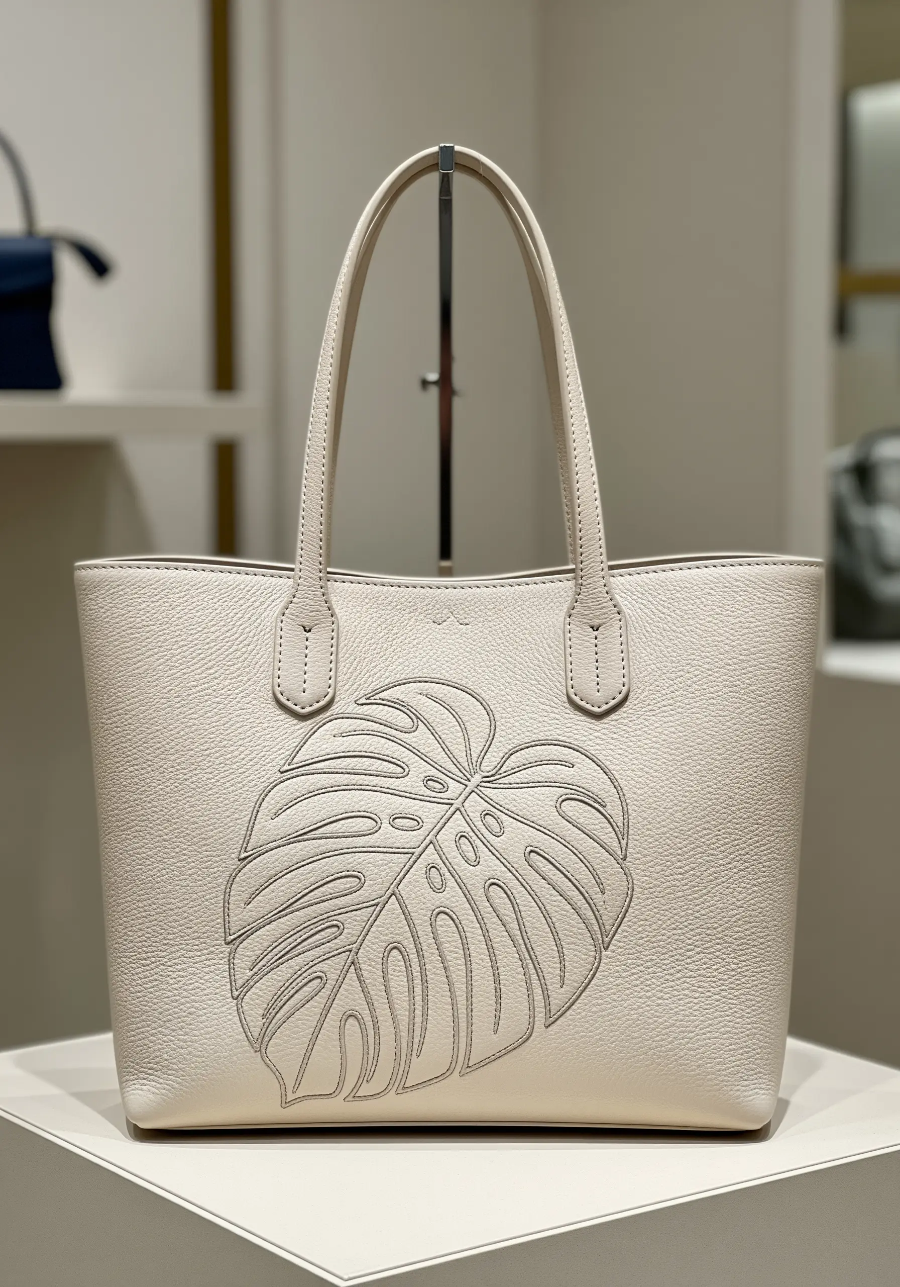 A tone-on-tone outline of a monstera leaf stitched onto a cream-colored leather tote.