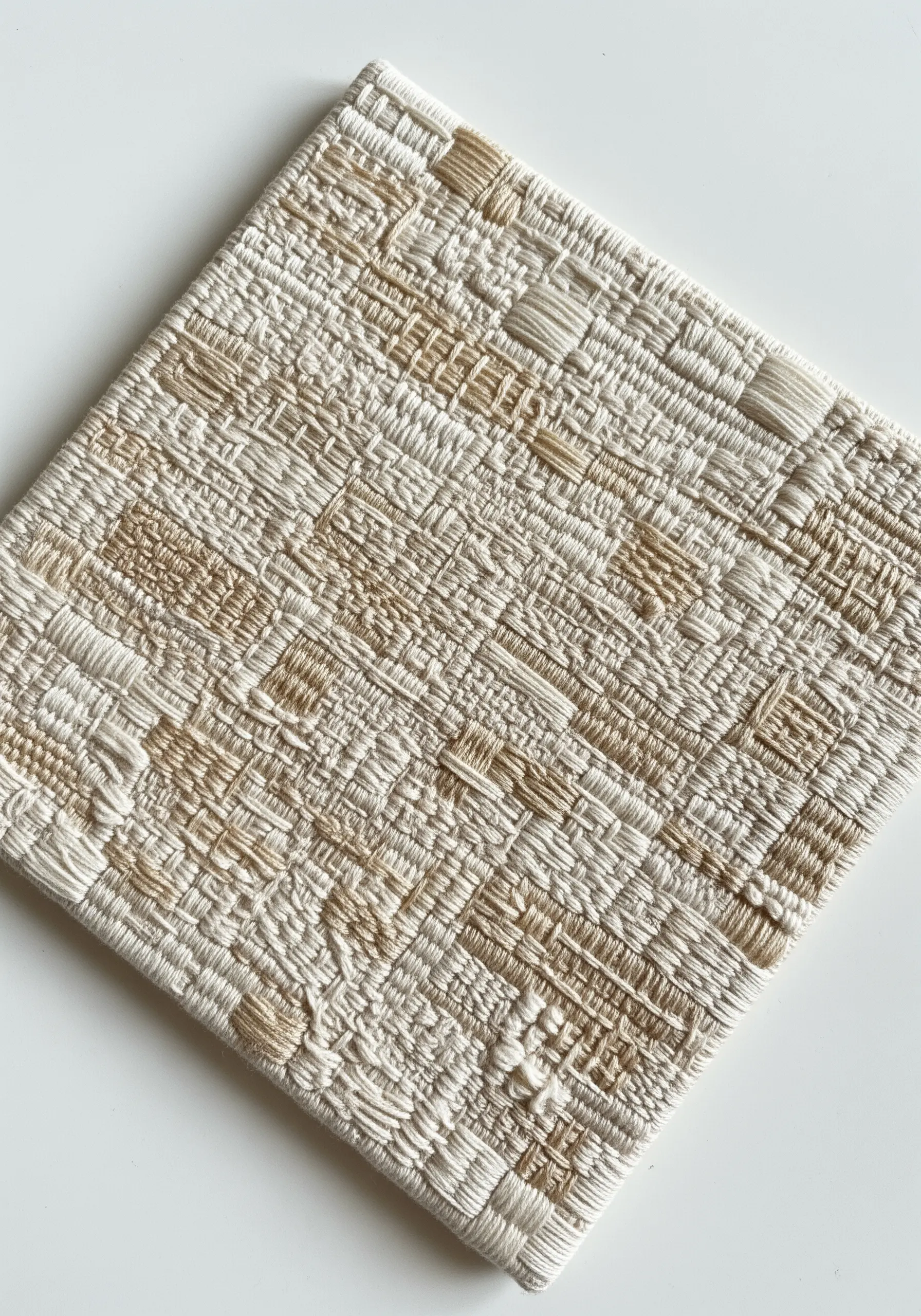 A square of woven embroidery in neutral beige and white threads, creating a textured pattern.
