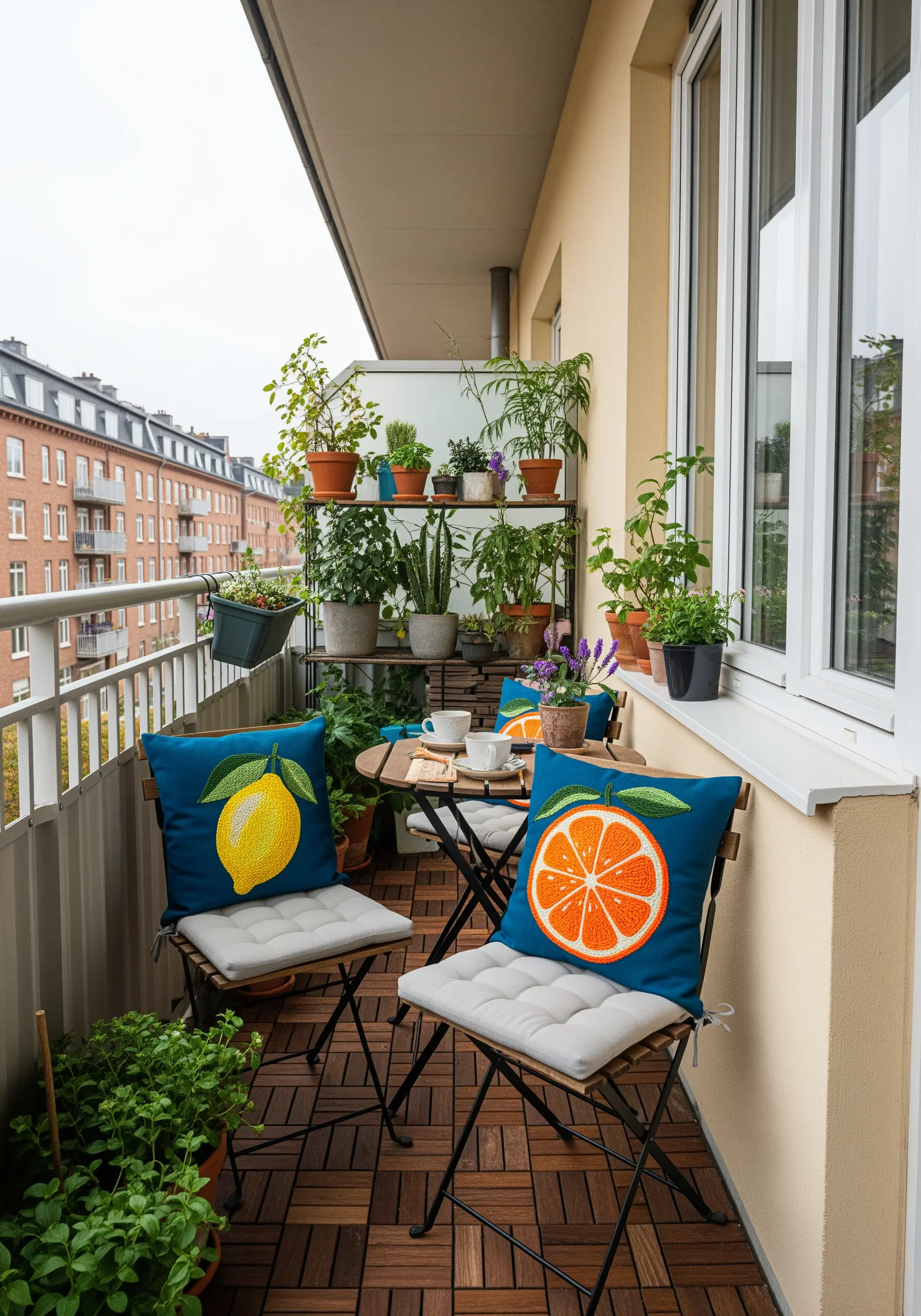 Two bright blue outdoor pillows, one with an embroidered lemon and the other an orange slice.