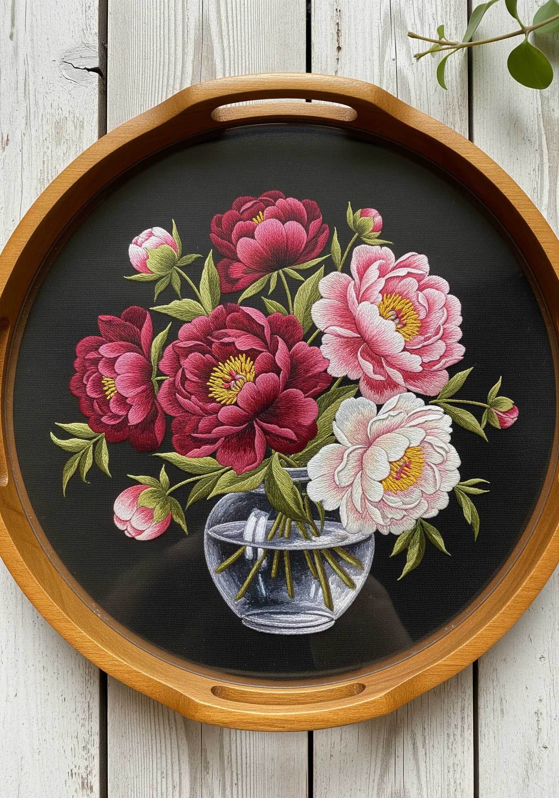An embroidered bouquet of peonies in a transparent glass vase on black fabric.