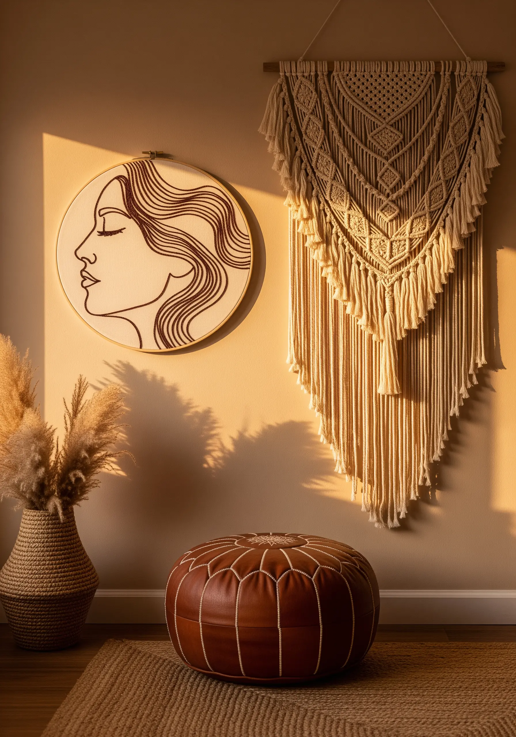 An embroidered profile with long, flowing hair stitched in dark brown thread.