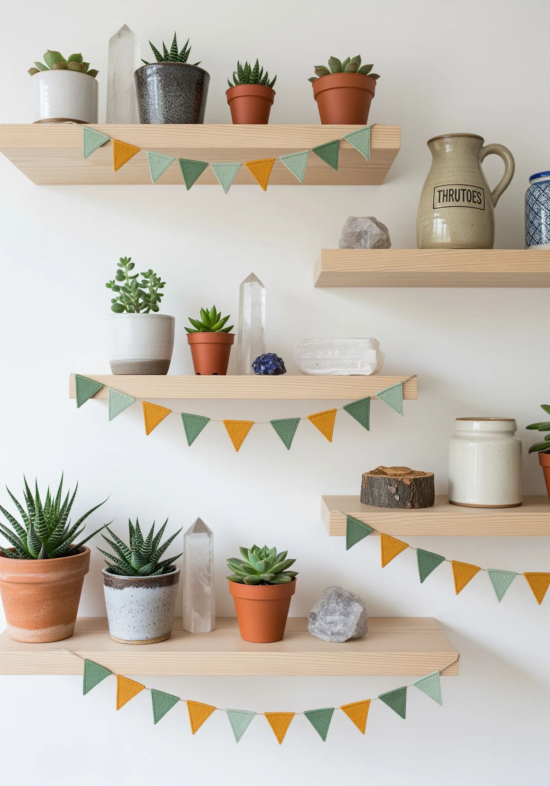 A tiny, hand-stitched bunting in green and mustard yellow draped across floating wooden shelves.