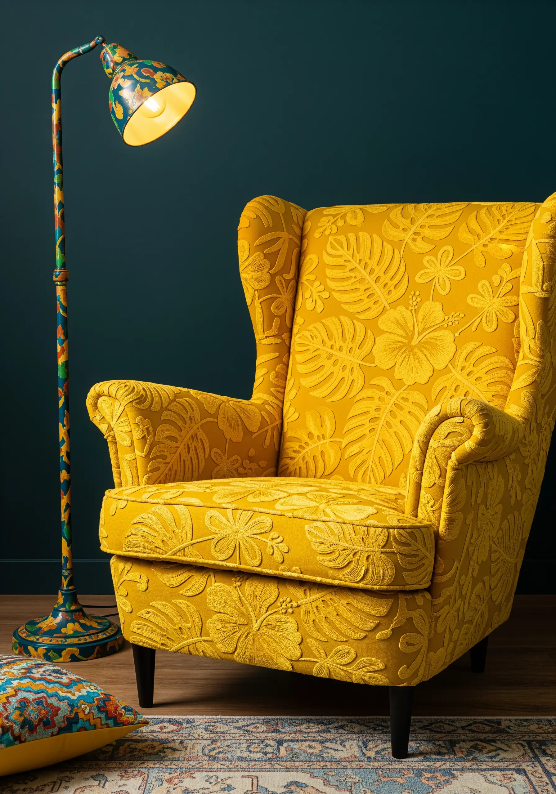 A bright yellow armchair fully upholstered with tone-on-tone yellow tropical leaf embroidery.