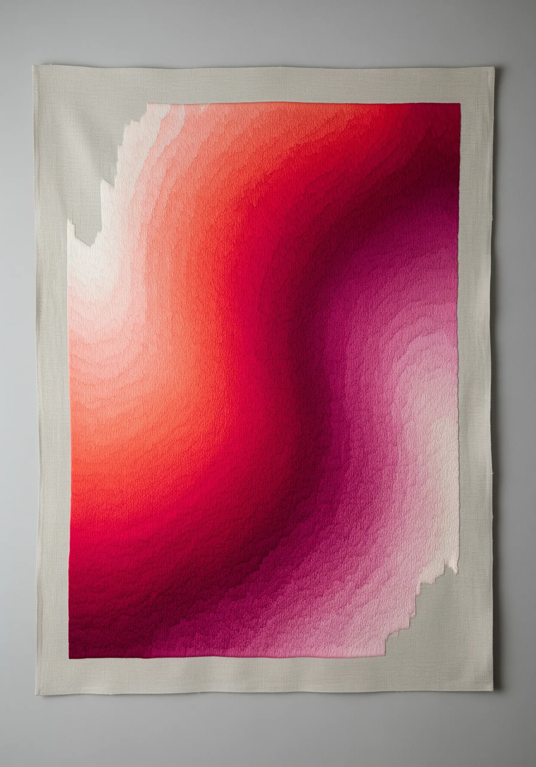 Large-scale abstract embroidery with a red, pink, and white topographical gradient.