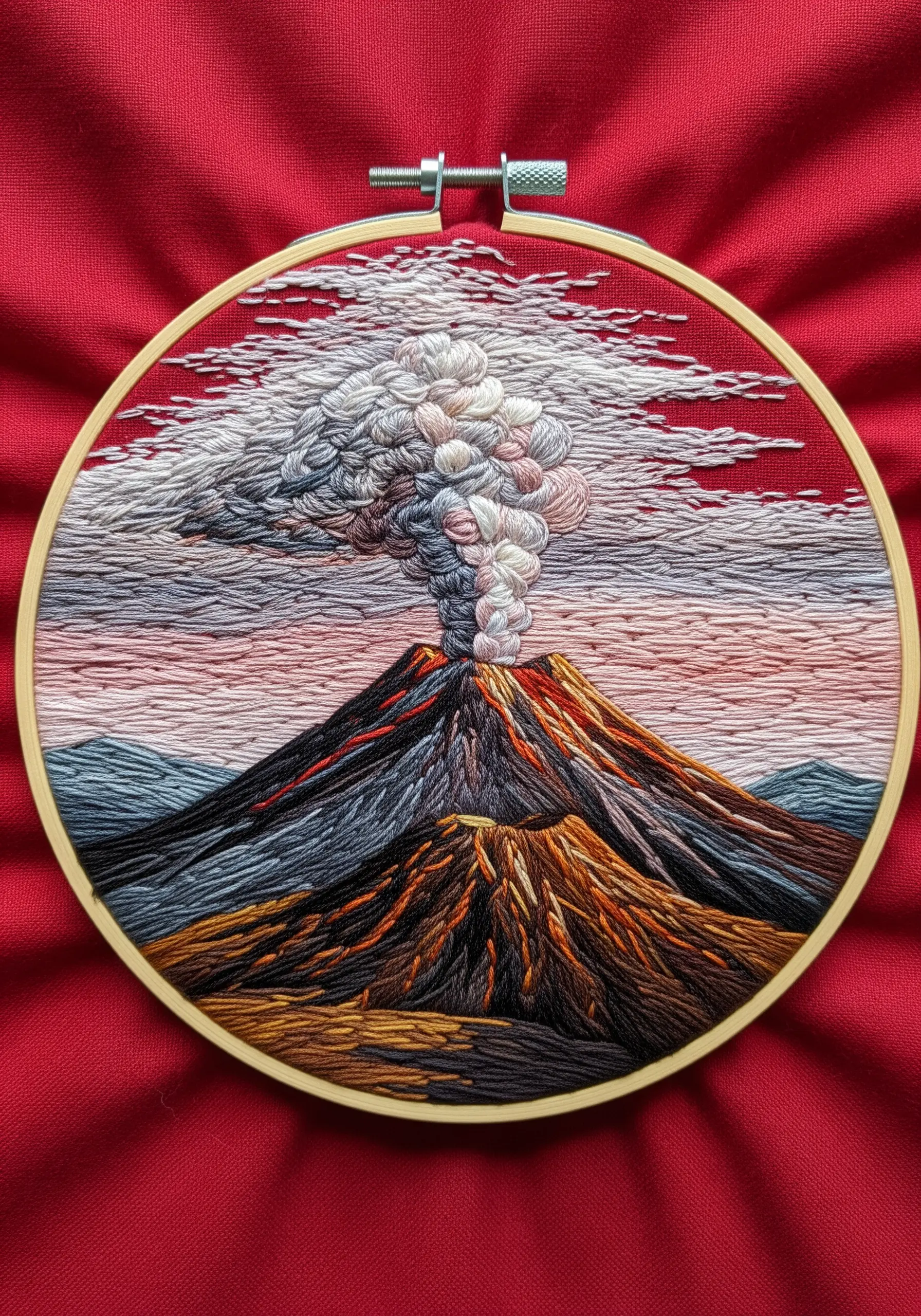 Embroidery of an erupting volcano with a highly textured smoke plume made of knots.