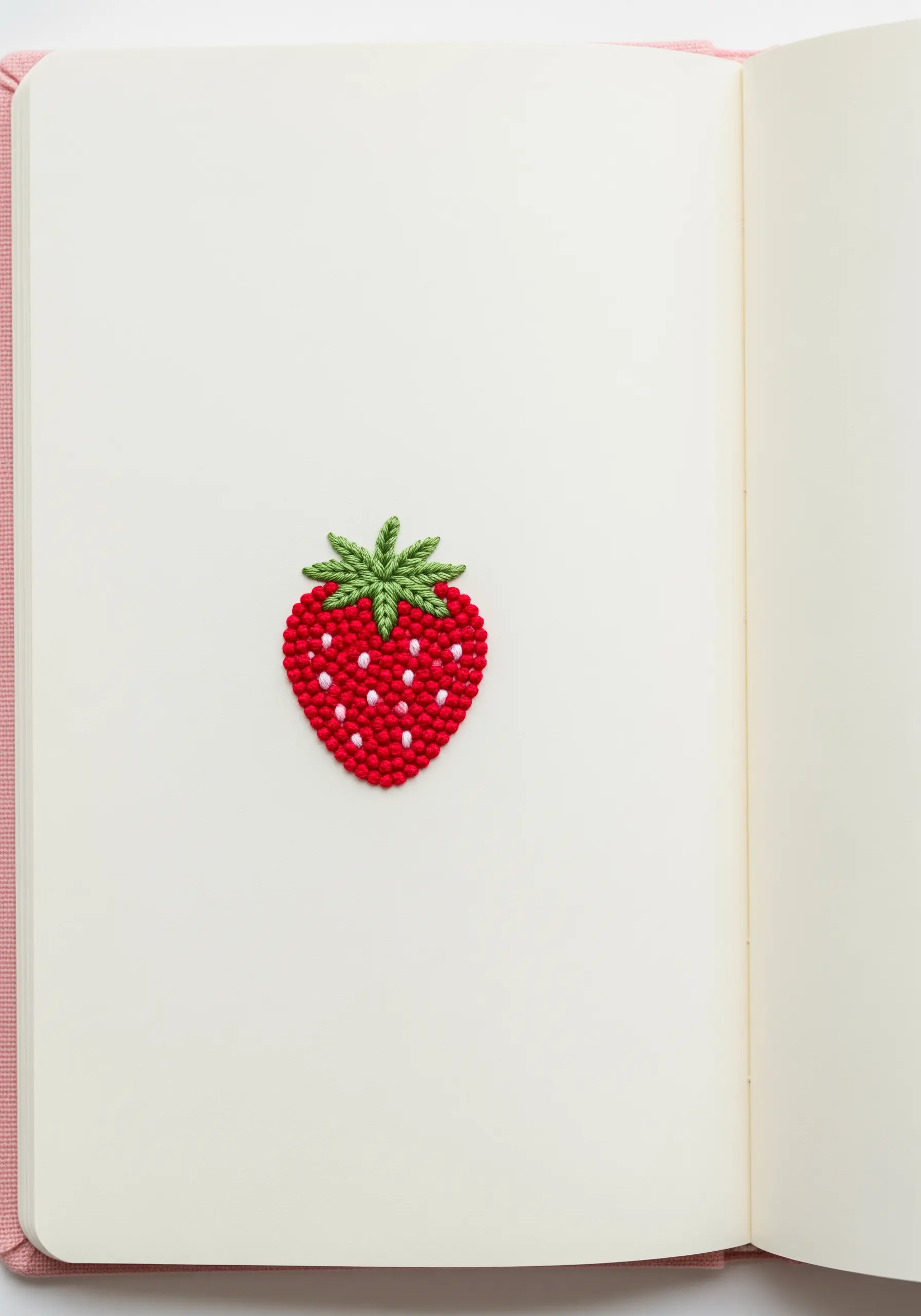 A small strawberry motif filled entirely with red French knots and tiny white seed stitches.