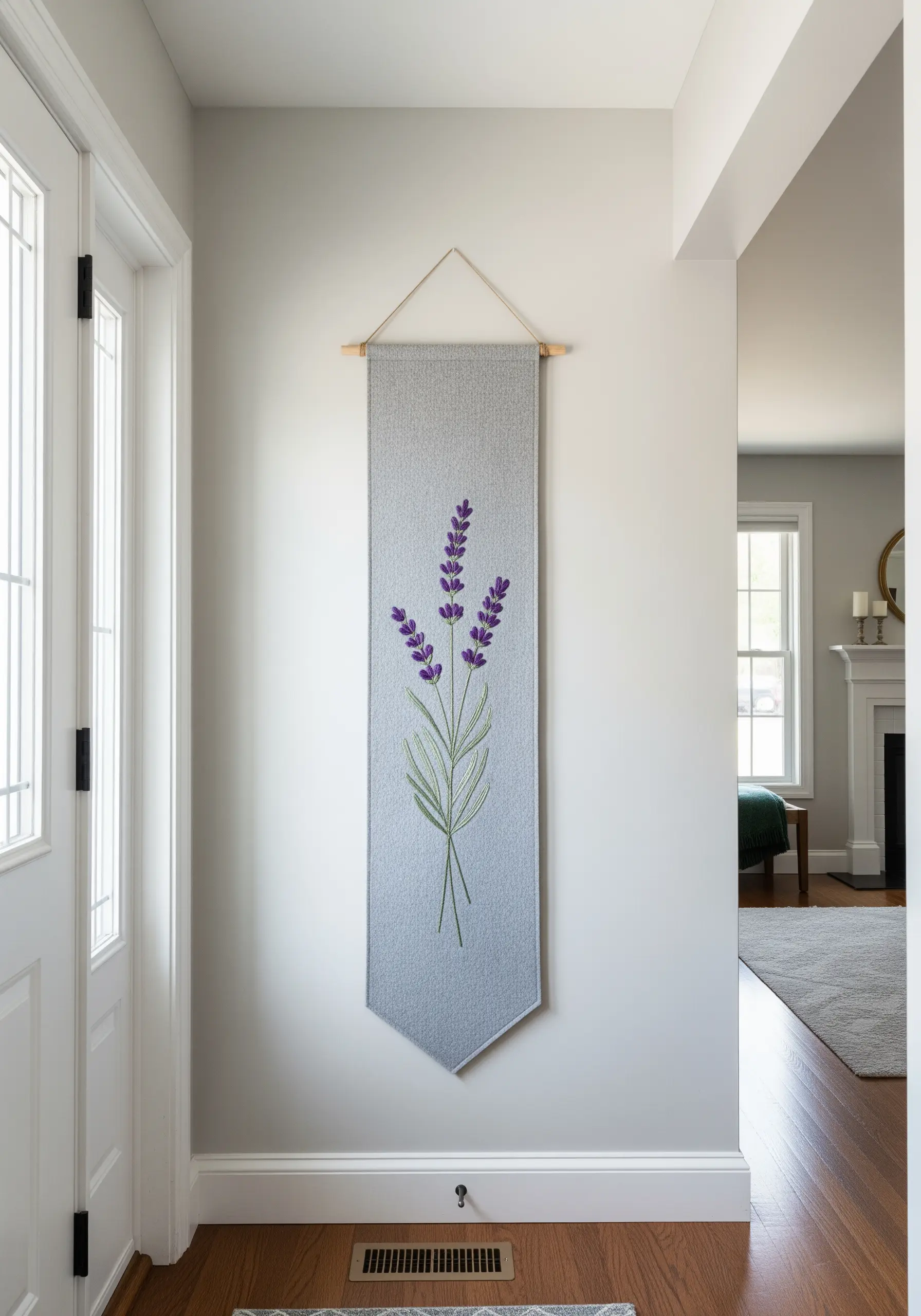 Embroidered lavender sprigs on a long, grey fabric wall banner.