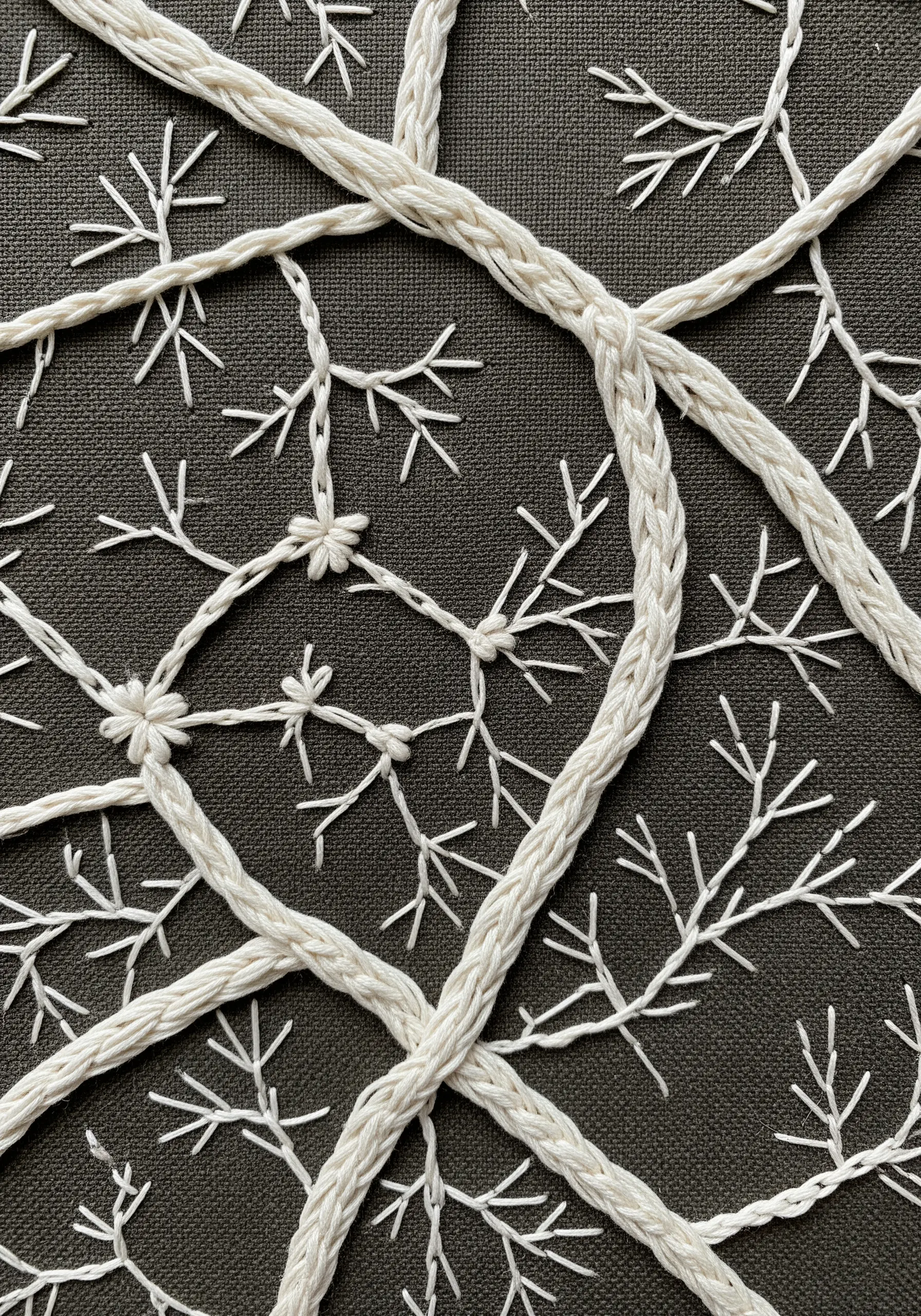 Close-up of white branch embroidery on dark fabric, using thick braided and thin simple threads.