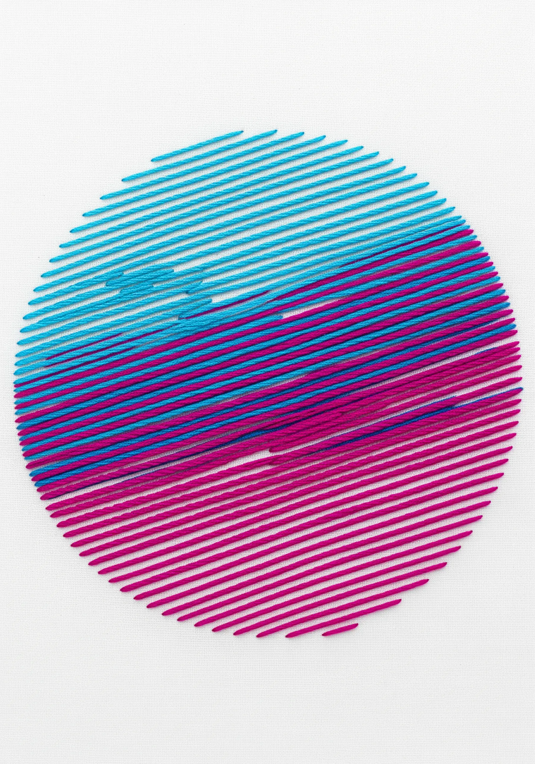 Abstract embroidery of a circle filled with interlaced blue and magenta horizontal lines.